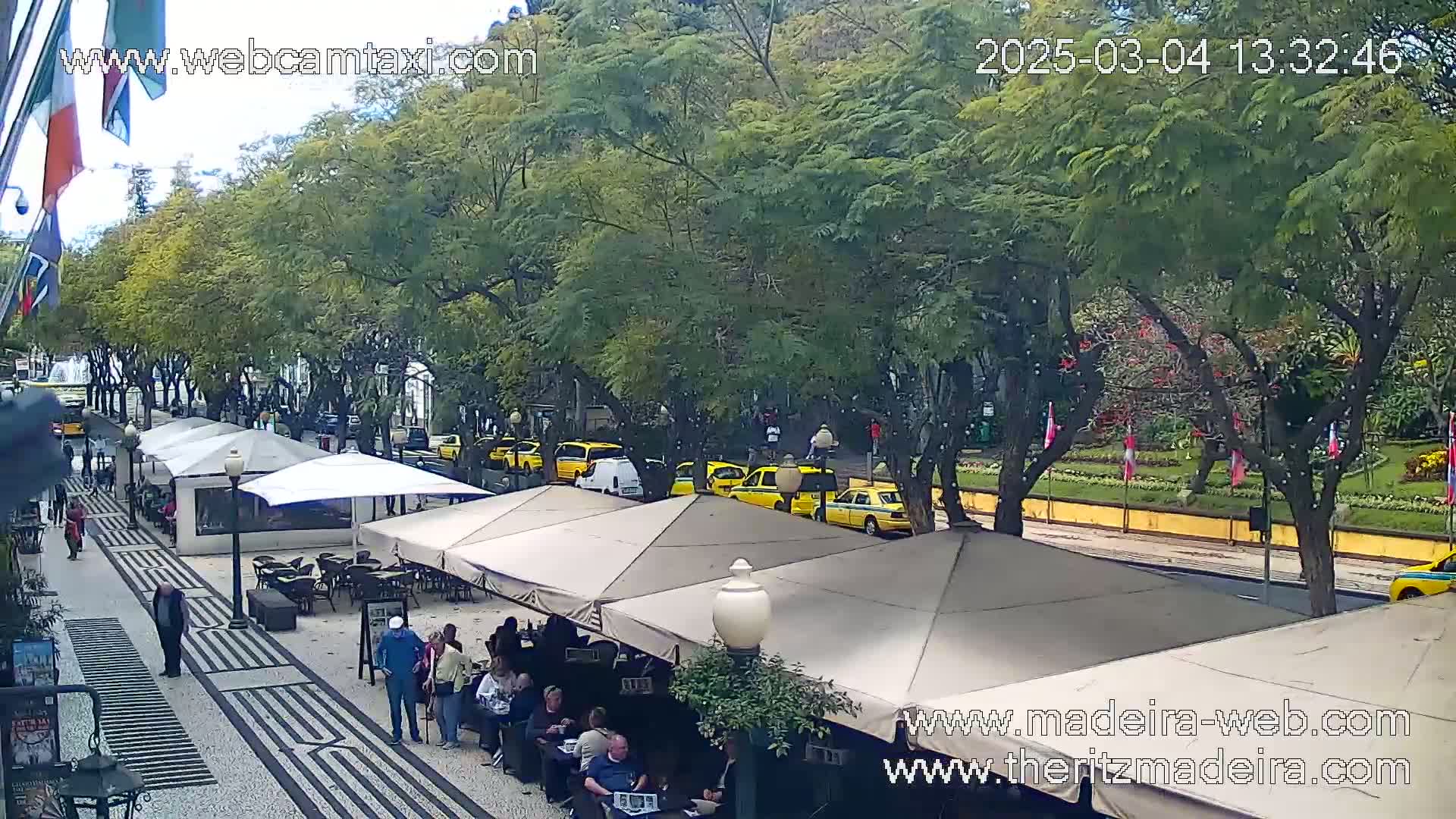 A street scene shows a paved pedestrian area with outdoor cafe seating under beige umbrellas, bordered by leafy trees and lined with yellow taxis on a street beyond.