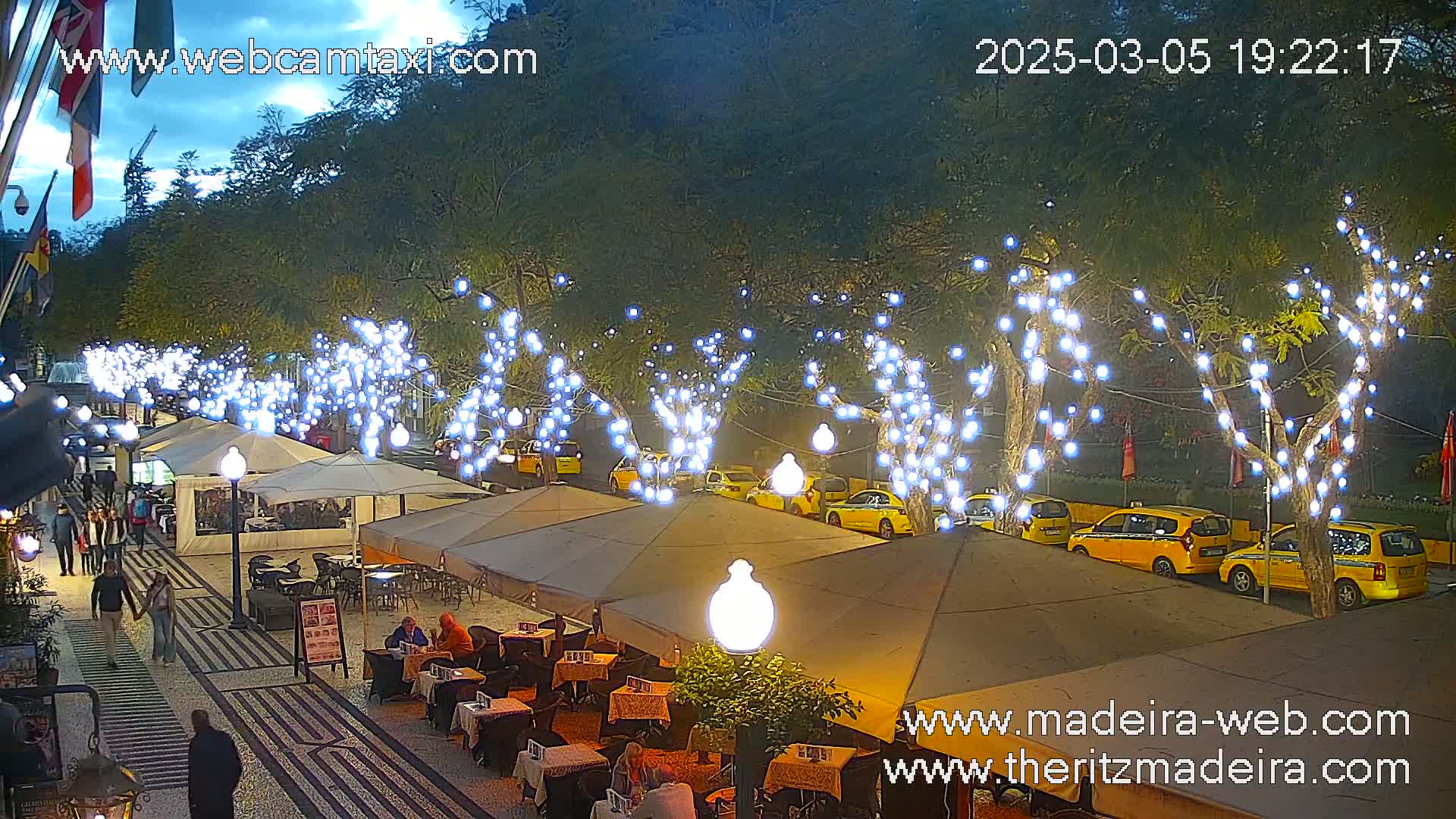 An outdoor nighttime scene shows a street lined with trees decorated with white lights, outdoor cafe seating, and parked yellow taxis.