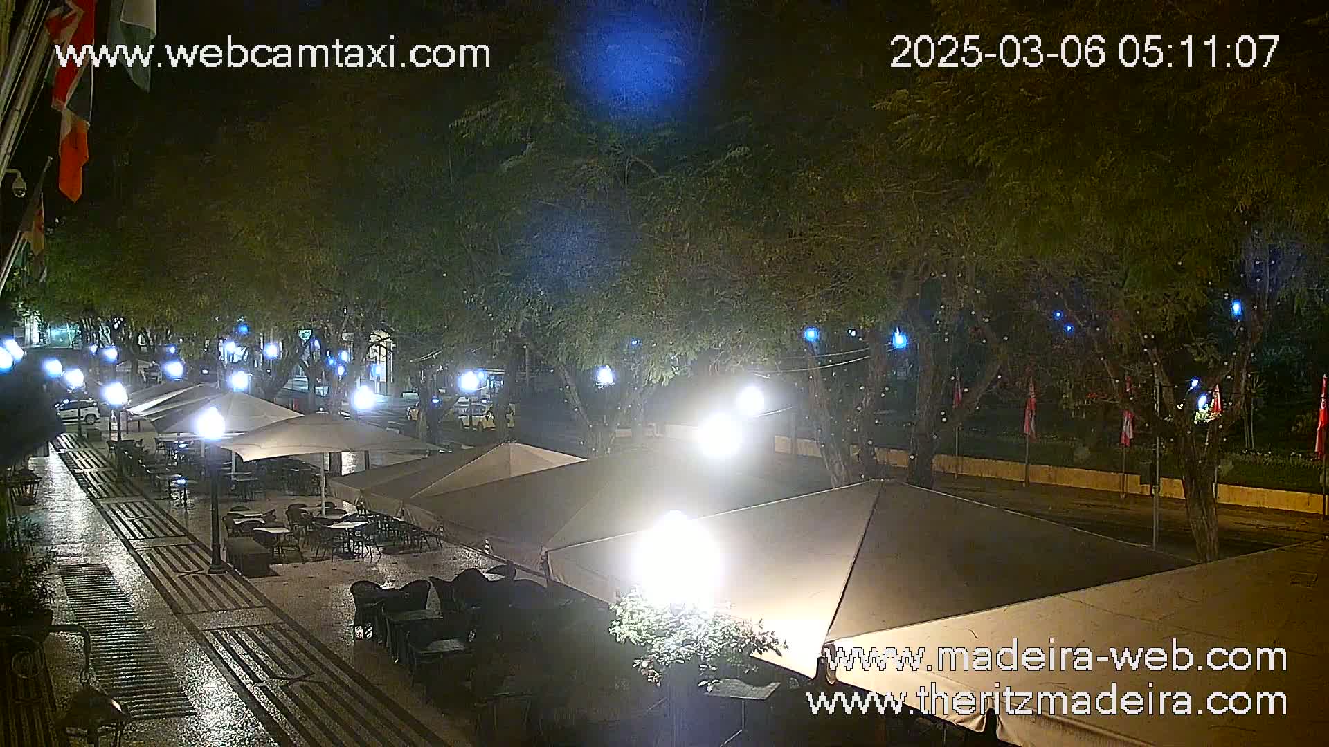 A nighttime view of a wet, paved outdoor area with several covered patio dining sets under illuminated umbrellas, surrounded by trees with string lights.