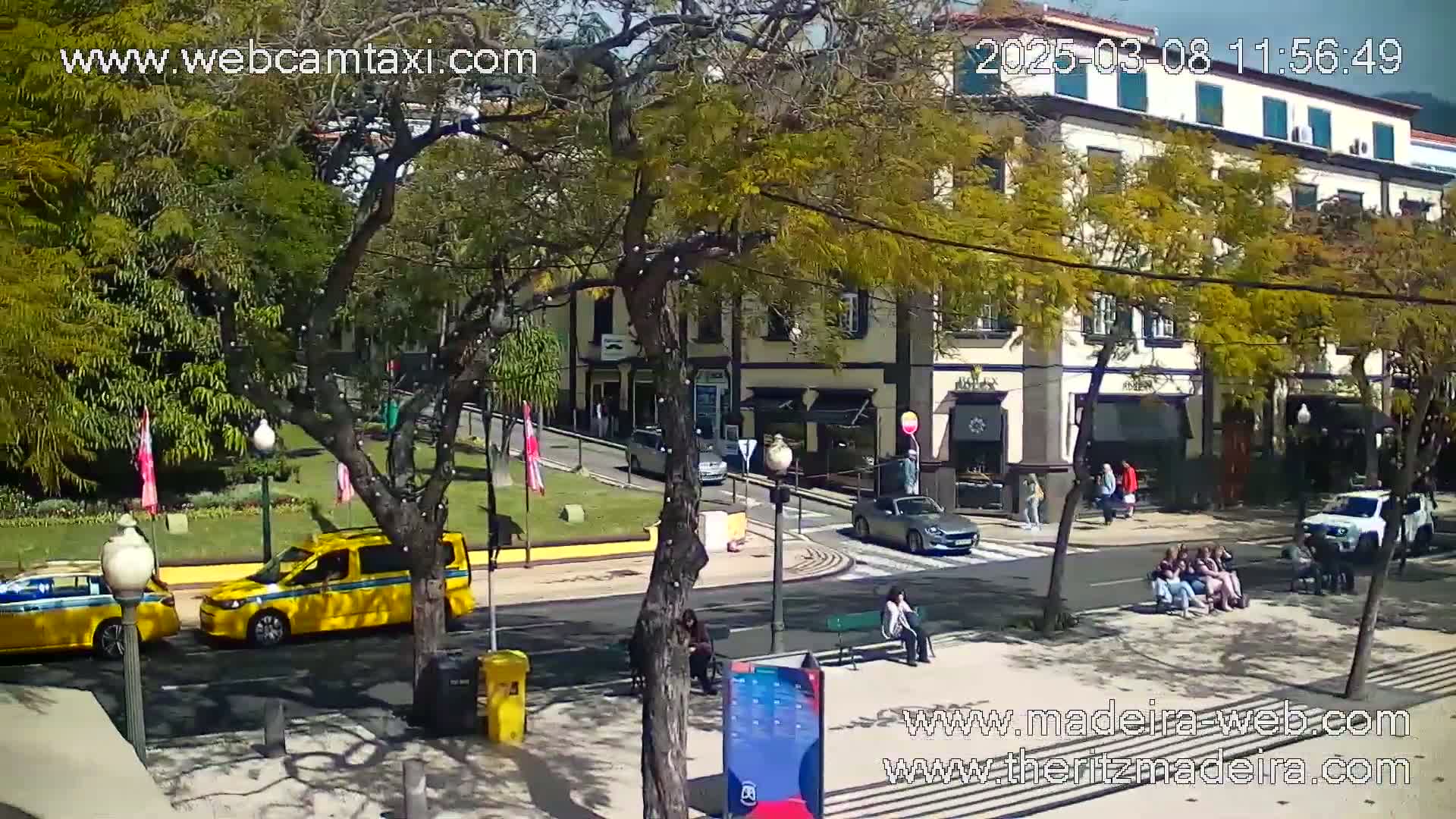 A sunny street scene shows yellow taxis parked near a town square with people sitting on benches under leafy trees in front of multi-story buildings.