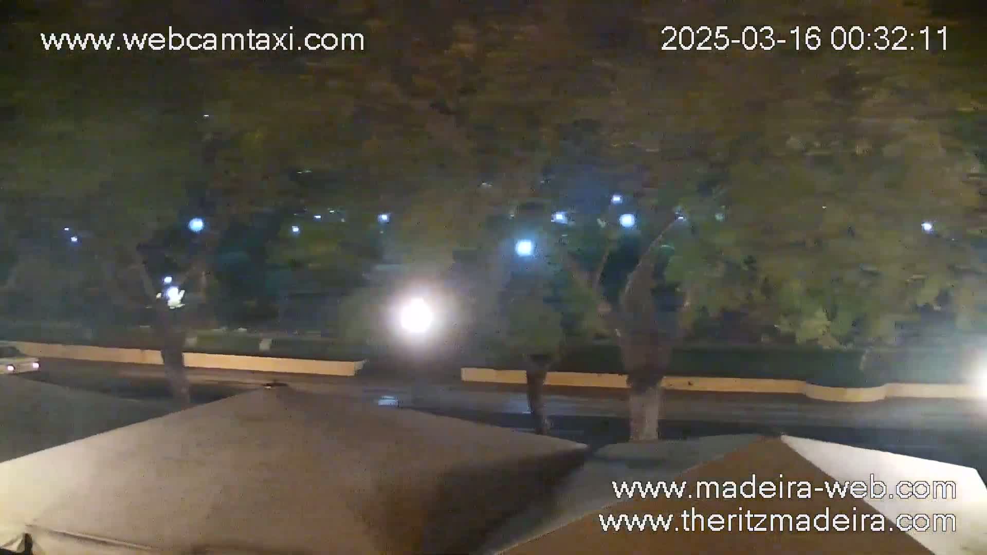 A nighttime view of a wet street with cars driving past trees and streetlights, seen from behind a beige awning.