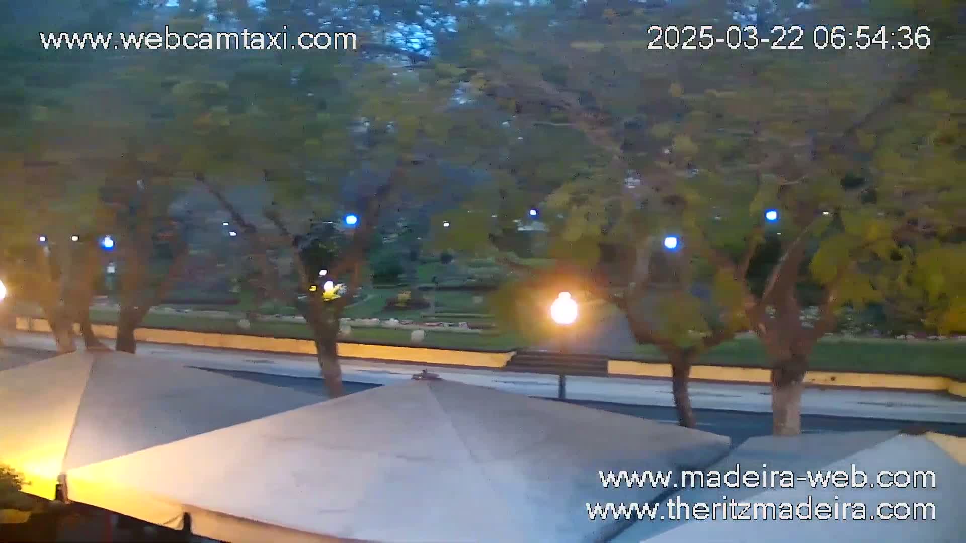Several beige patio umbrellas are seen from above, situated along a road beside a park with trees and lights at dusk.