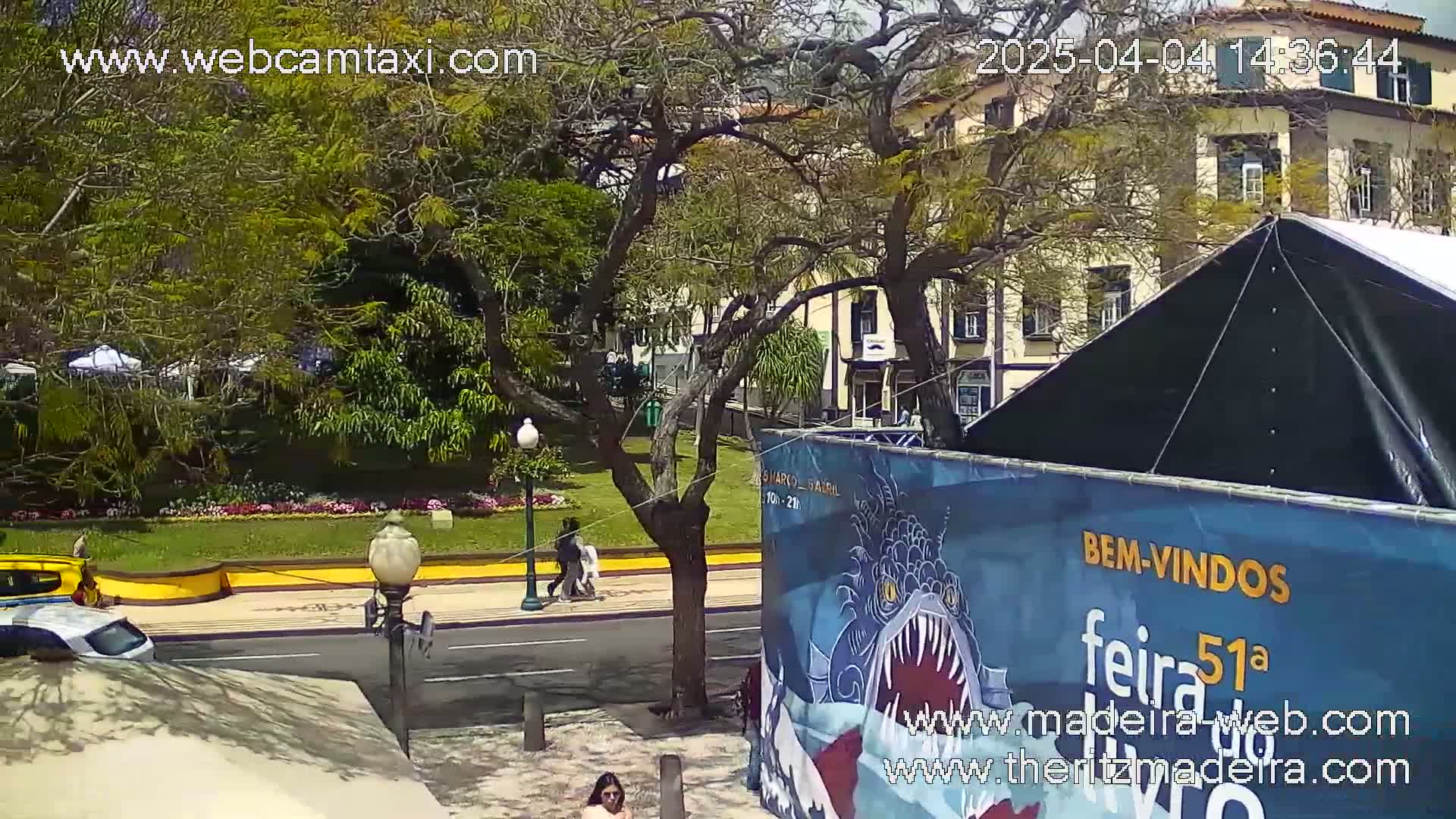 A sunny outdoor scene shows a street with parked cars, pedestrians walking near a large banner depicting a fish and text, and buildings behind lush green trees.