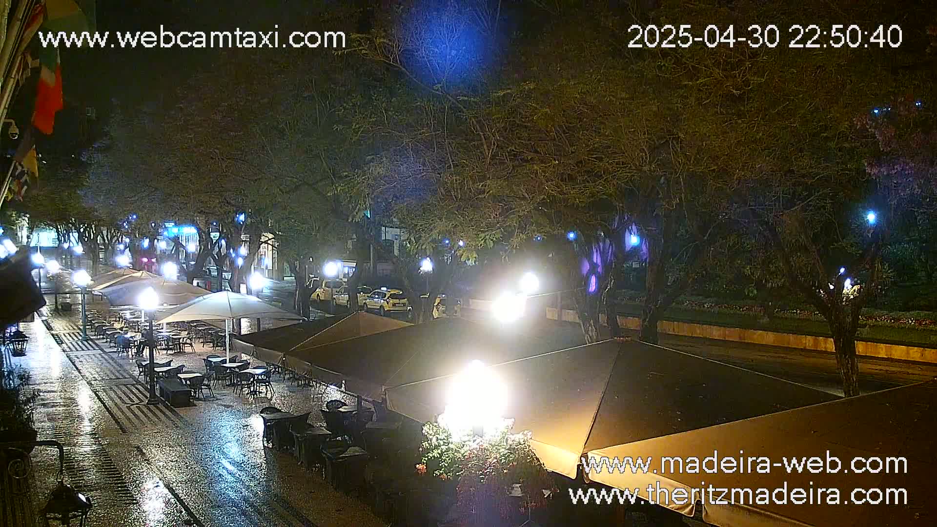 A rain-slicked nighttime street scene shows outdoor cafe seating under umbrellas, illuminated by streetlights and the glow of nearby buildings.