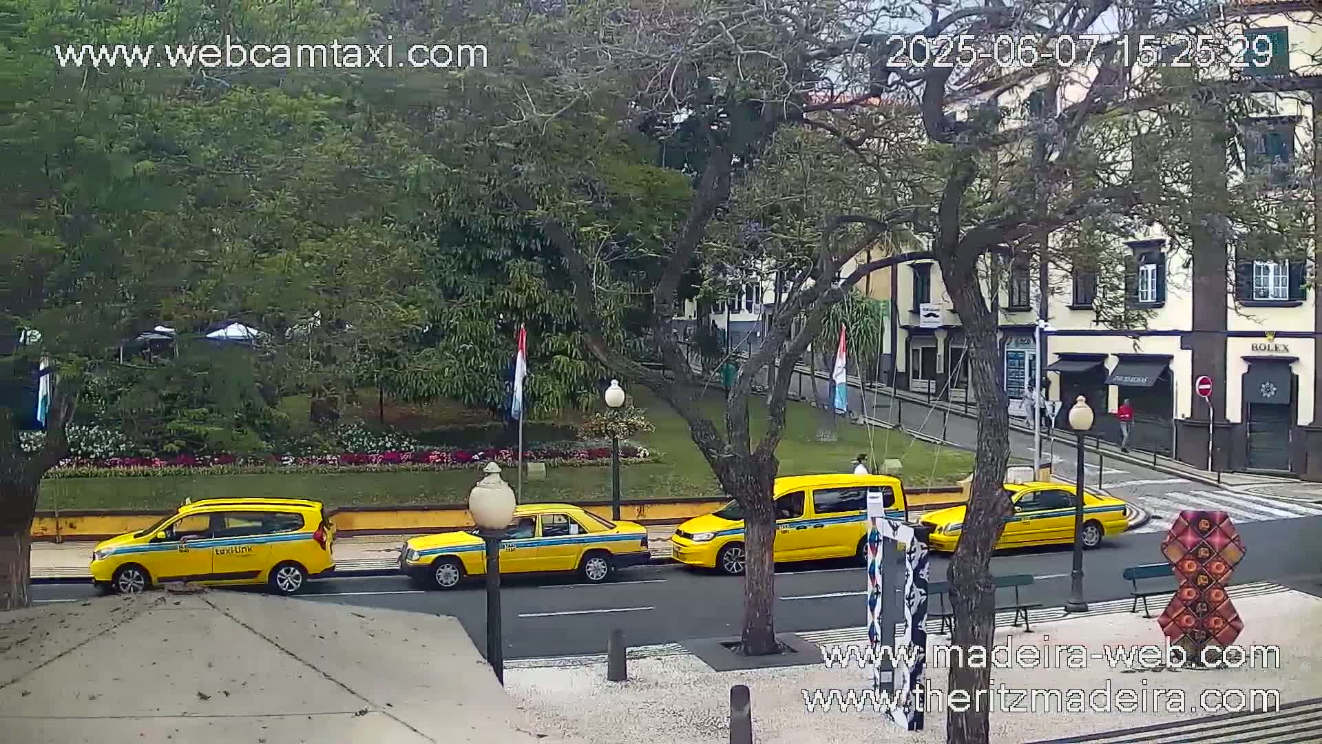 Four yellow taxis are parked on a city street next to a small park under a partly cloudy sky.