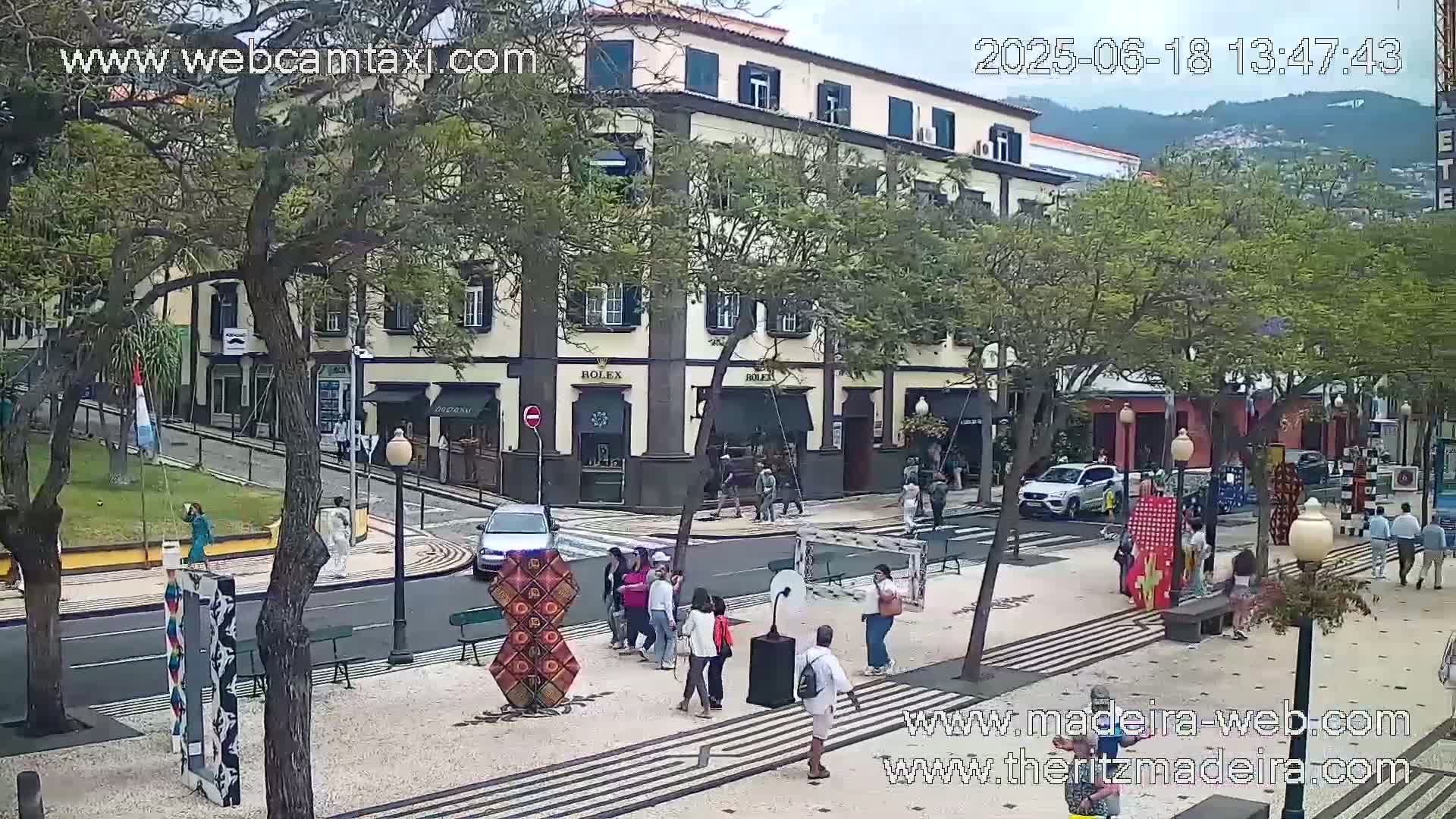 A partly cloudy day shows a pedestrian area with several people walking past shops and buildings, cars parked on the side of the street, and trees lining the sidewalks.
