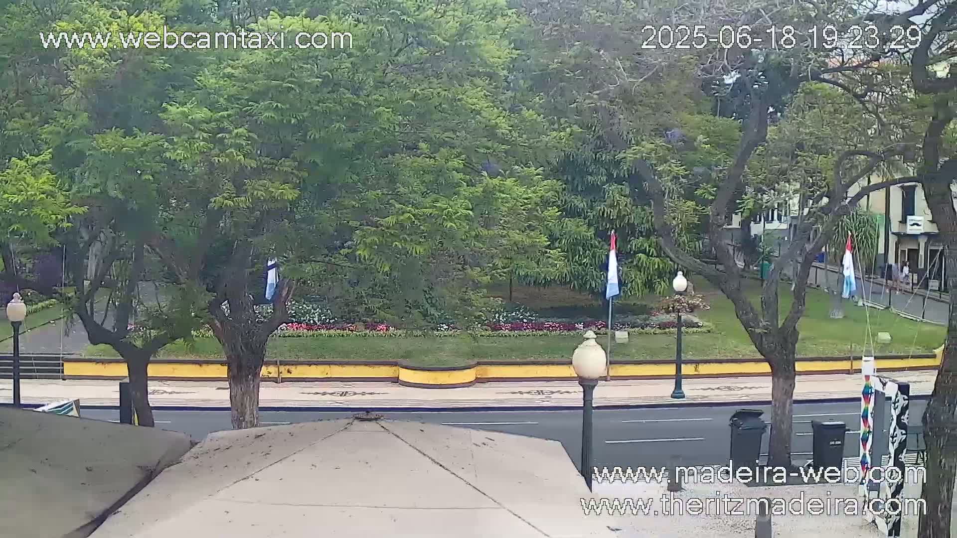 A view of a city park with lush green trees, flowerbeds, and flags, situated across a street from a building, on a partly sunny day.