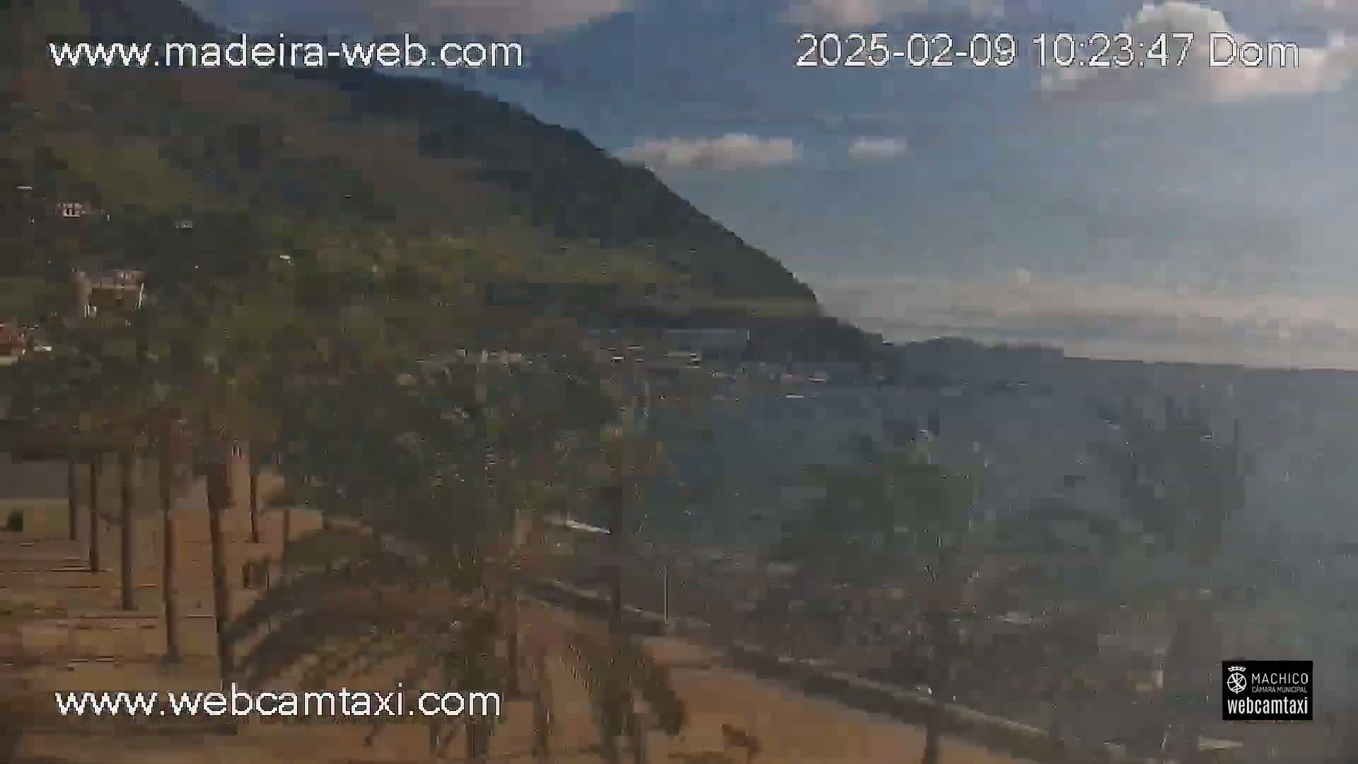 A high-angle view shows a partly sunny day overlooking a calm body of water, a coastline with palm trees, and a mountainous background.