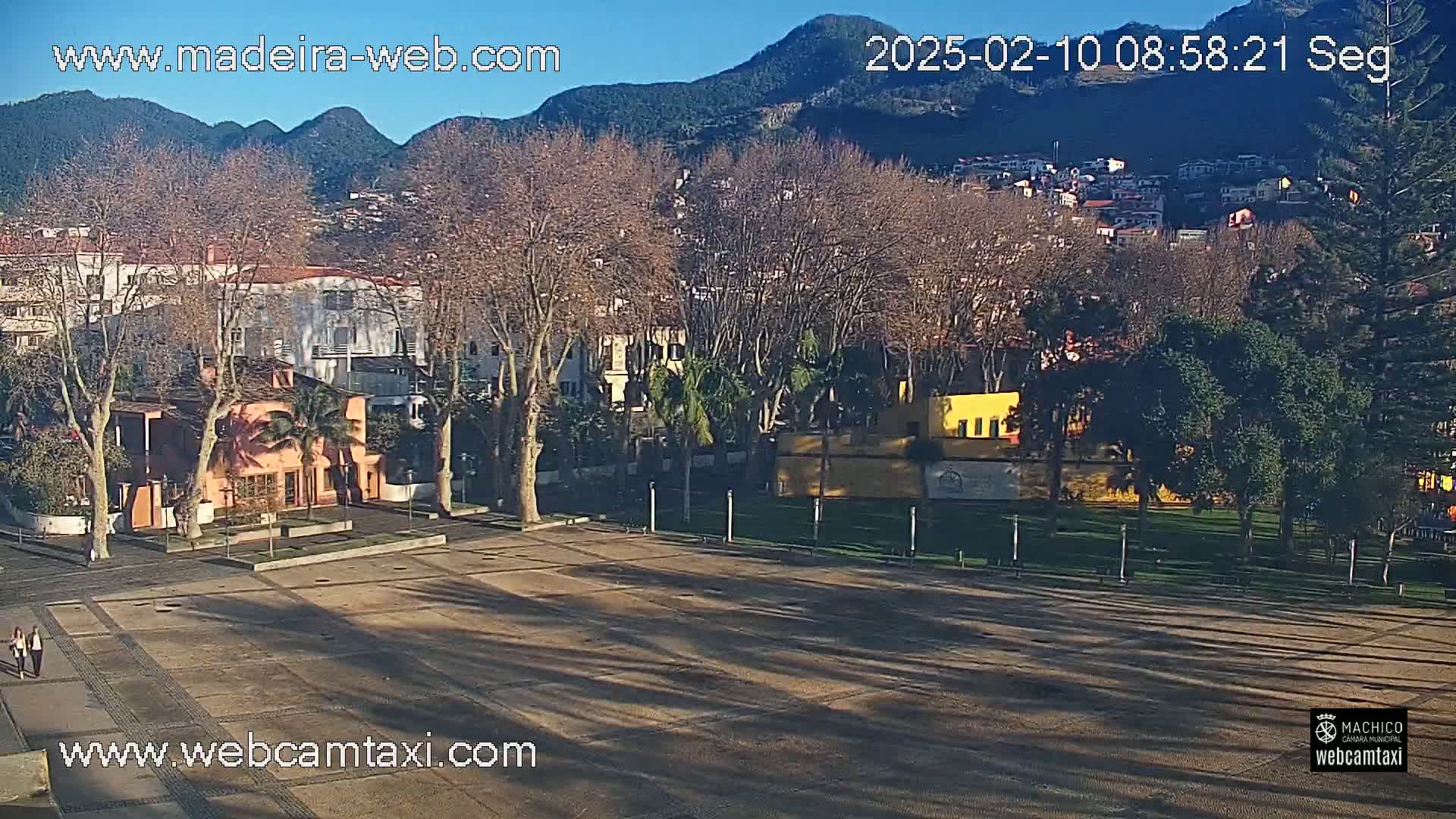 A sunny, expansive plaza with bare trees and low buildings, situated at the foot of a mountain.