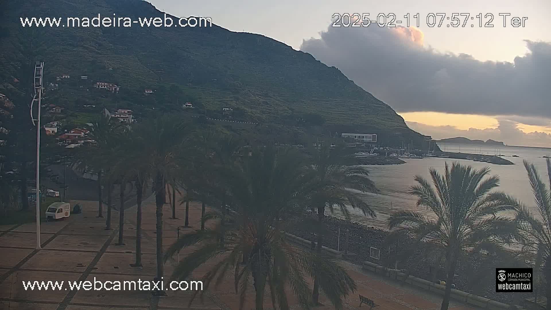 A coastal town at sunrise, under partly cloudy skies, is shown with palm trees lining a paved area next to a calm ocean and a large hill in the background.