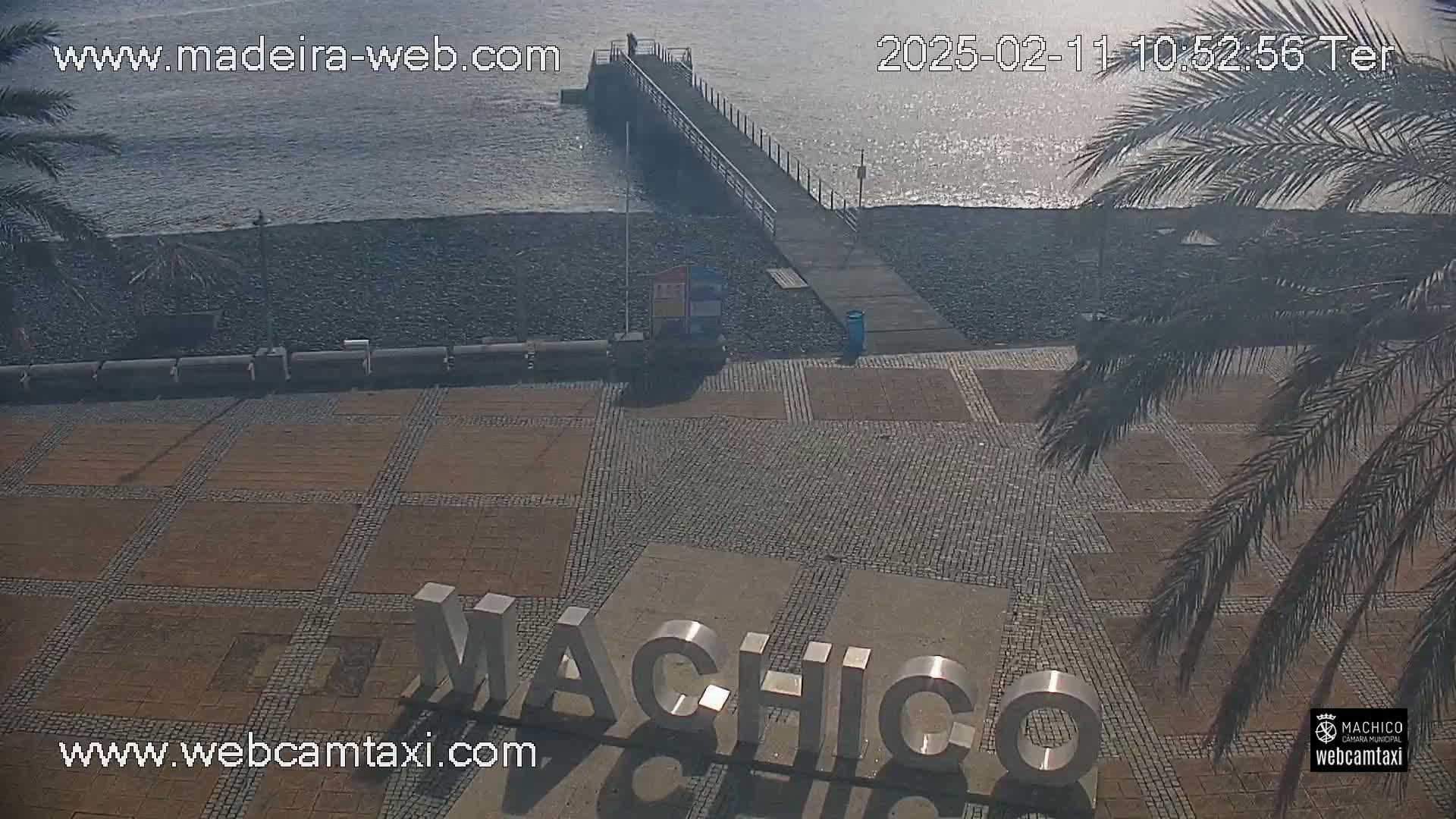 A paved plaza with a large metal sign, a pier extending into a calm, sunlit sea, and palm trees in the foreground.