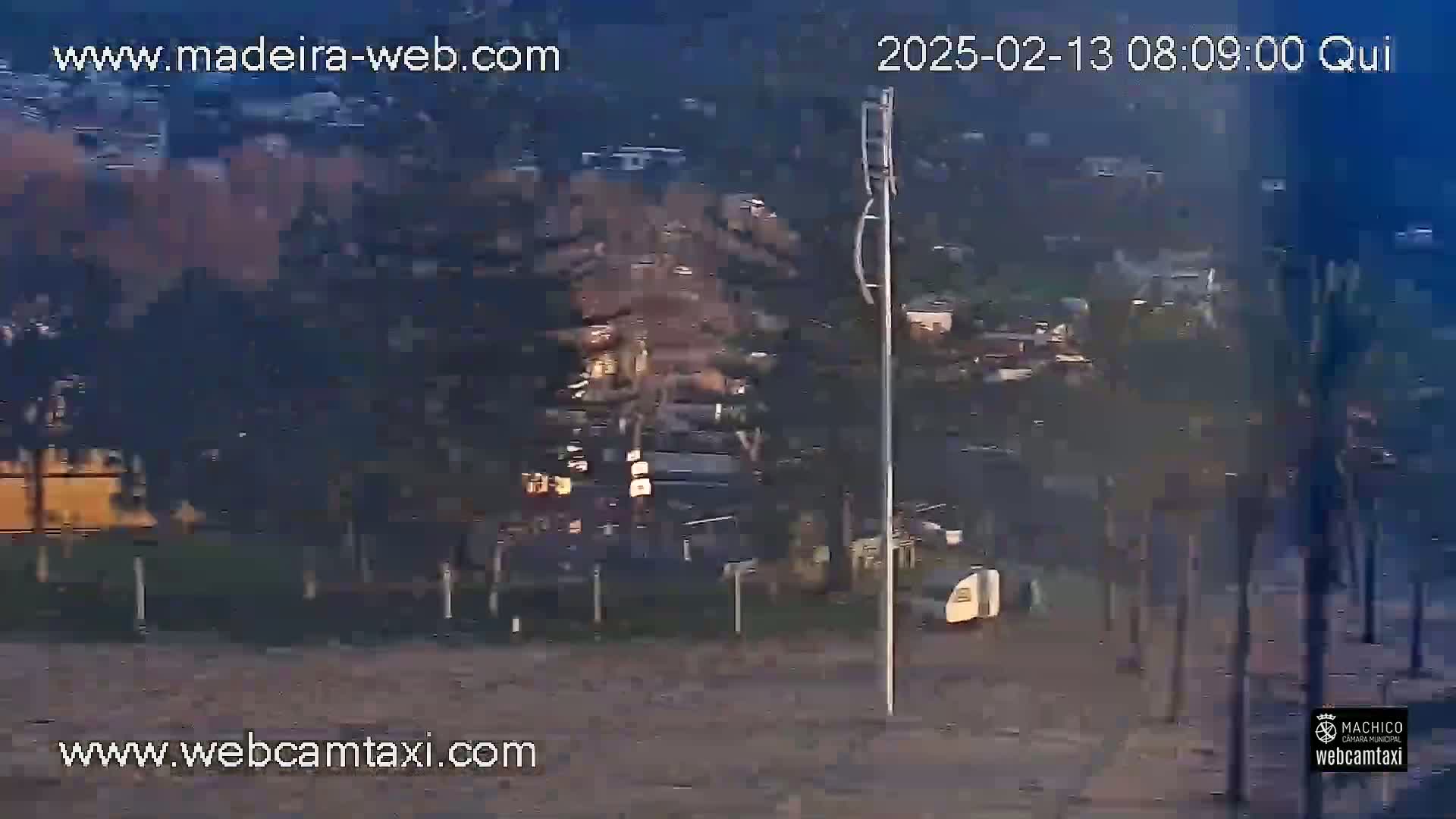 A twilight view of a sparsely populated area with dark green trees and a few vehicles parked near a tall pole.