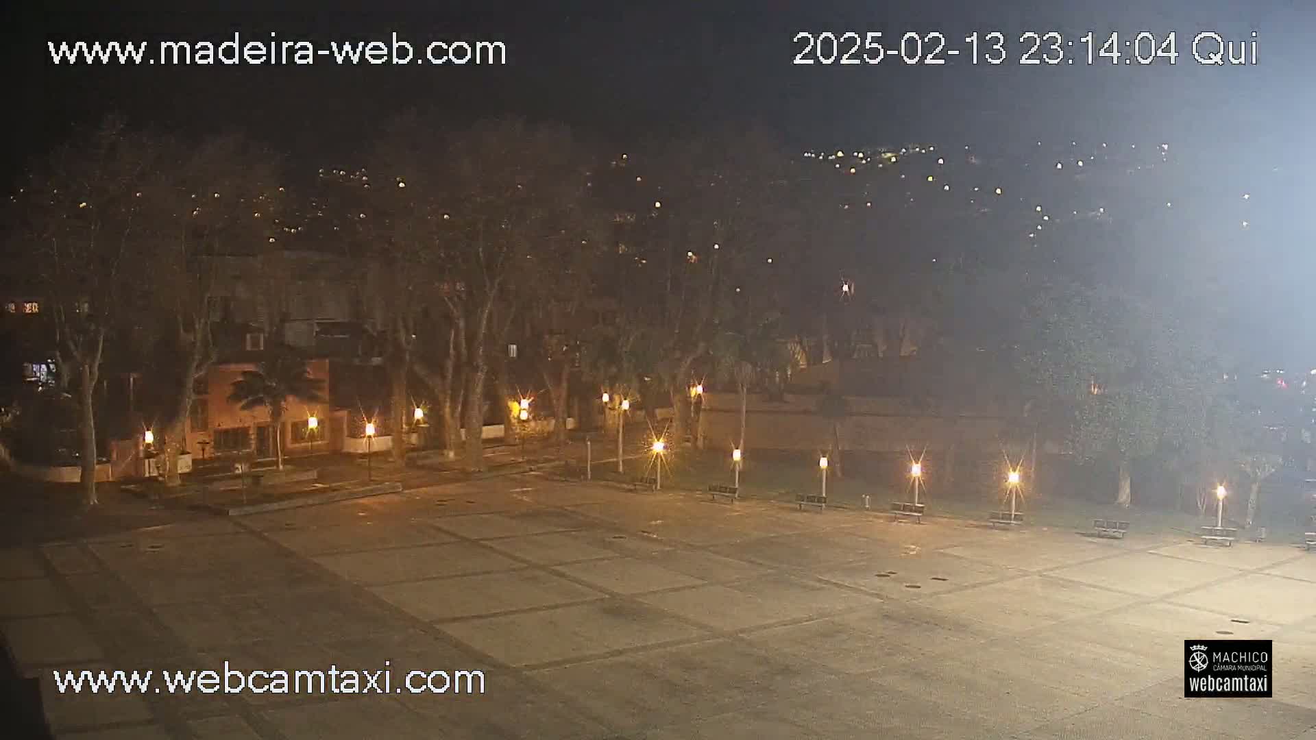 A nighttime view of a paved plaza surrounded by trees and buildings, illuminated by streetlights under hazy conditions.