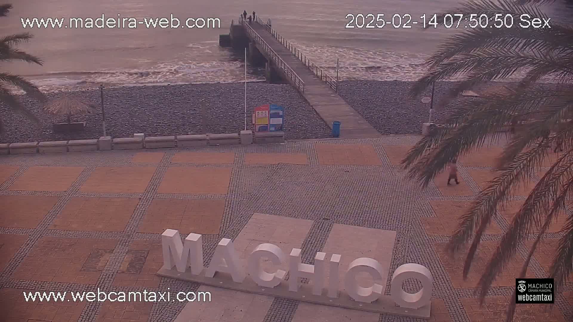 A beach with a pebble shoreline, a pier extending into the ocean, a paved plaza with large letters spelling out a place name, and palm trees partially obscuring the view, all under overcast skies.