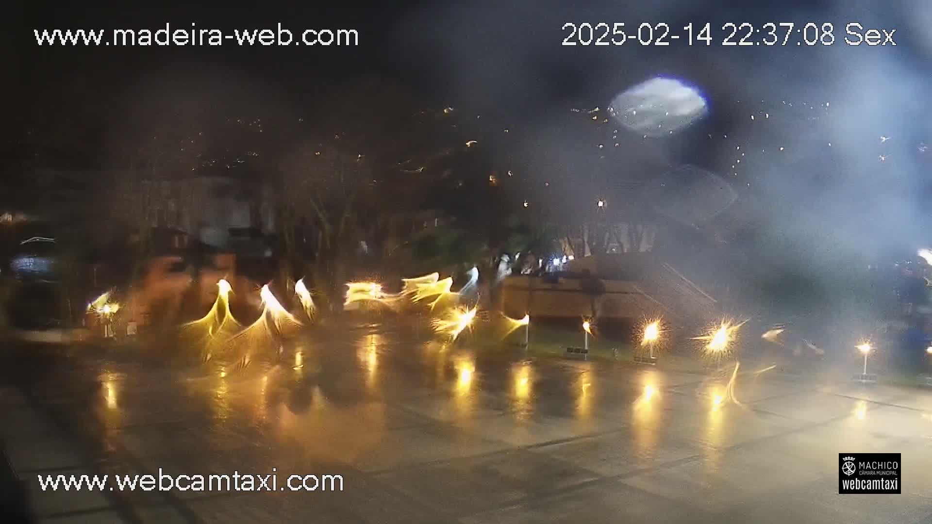 A wet, nighttime street scene shows numerous small, sparkling, golden fireworks displays illuminating a reflective, dark surface.