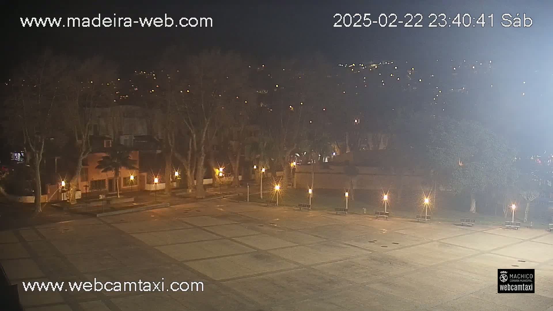 An empty plaza at night, illuminated by streetlights, is surrounded by trees and buildings under a hazy sky.