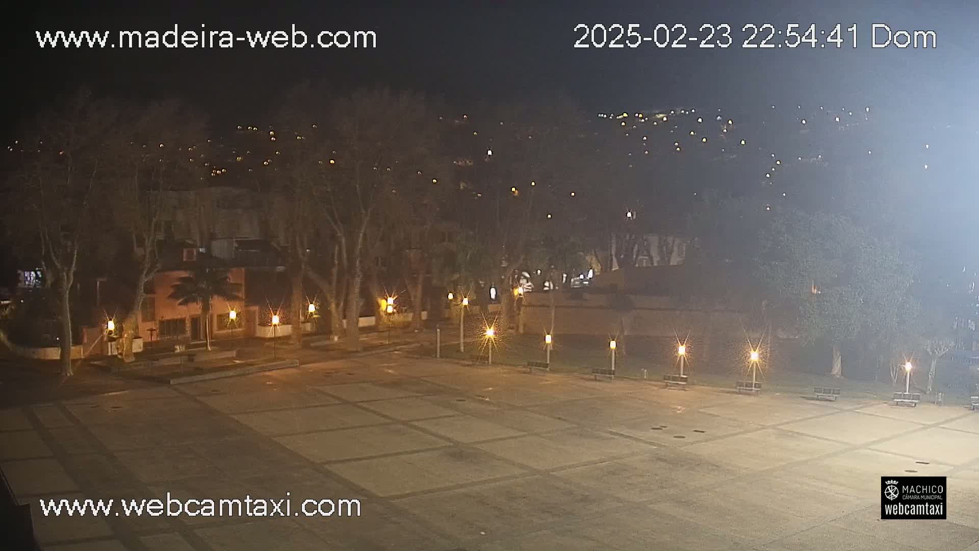 A nighttime view of an empty paved plaza surrounded by trees and buildings with dimly lit streetlights.