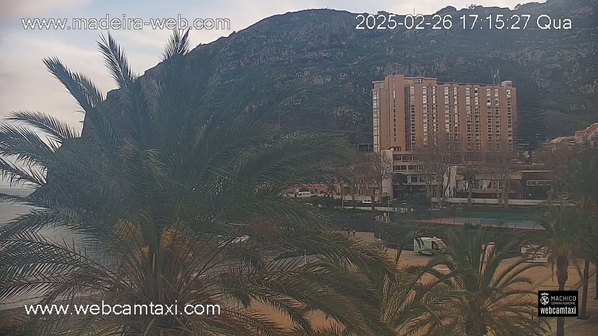 A large hotel is situated near a beach, partially obscured by palm trees, with a large mountain behind it under an overcast sky.