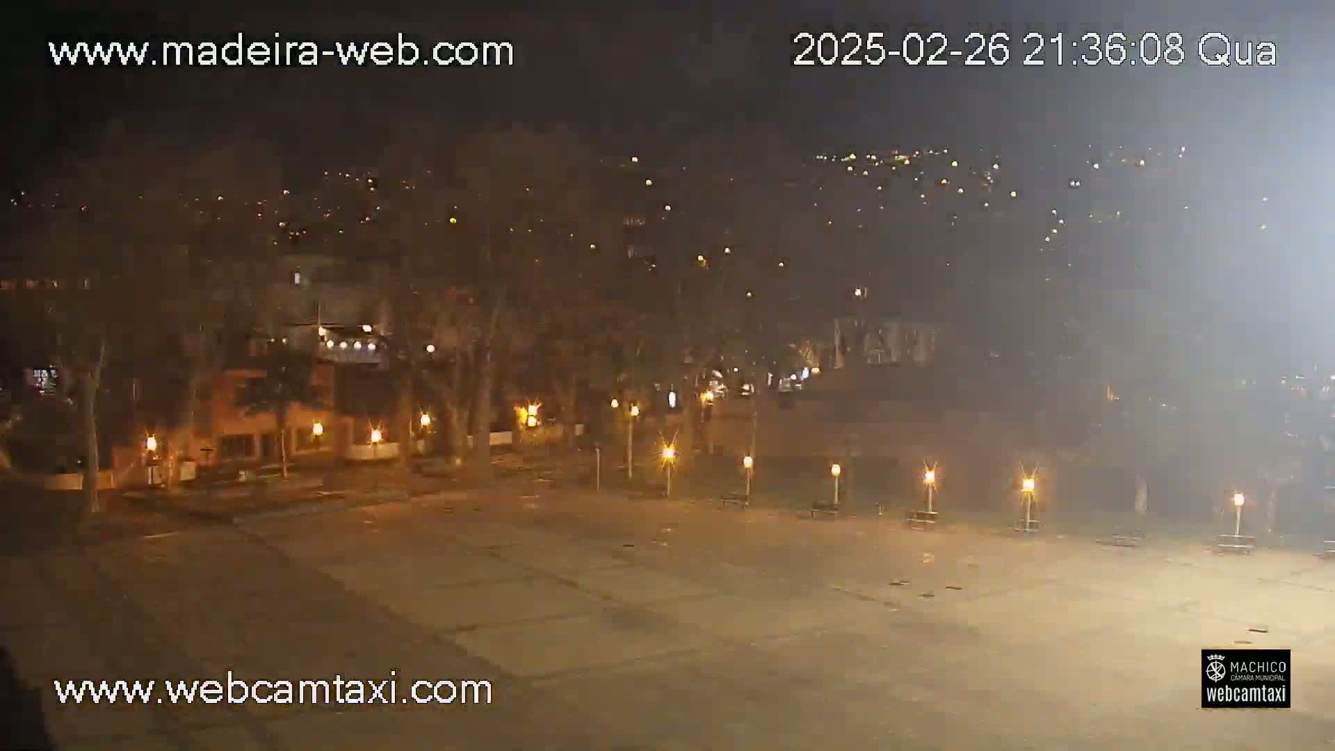 A nighttime, dimly lit plaza with trees and buildings in the background, under hazy conditions.