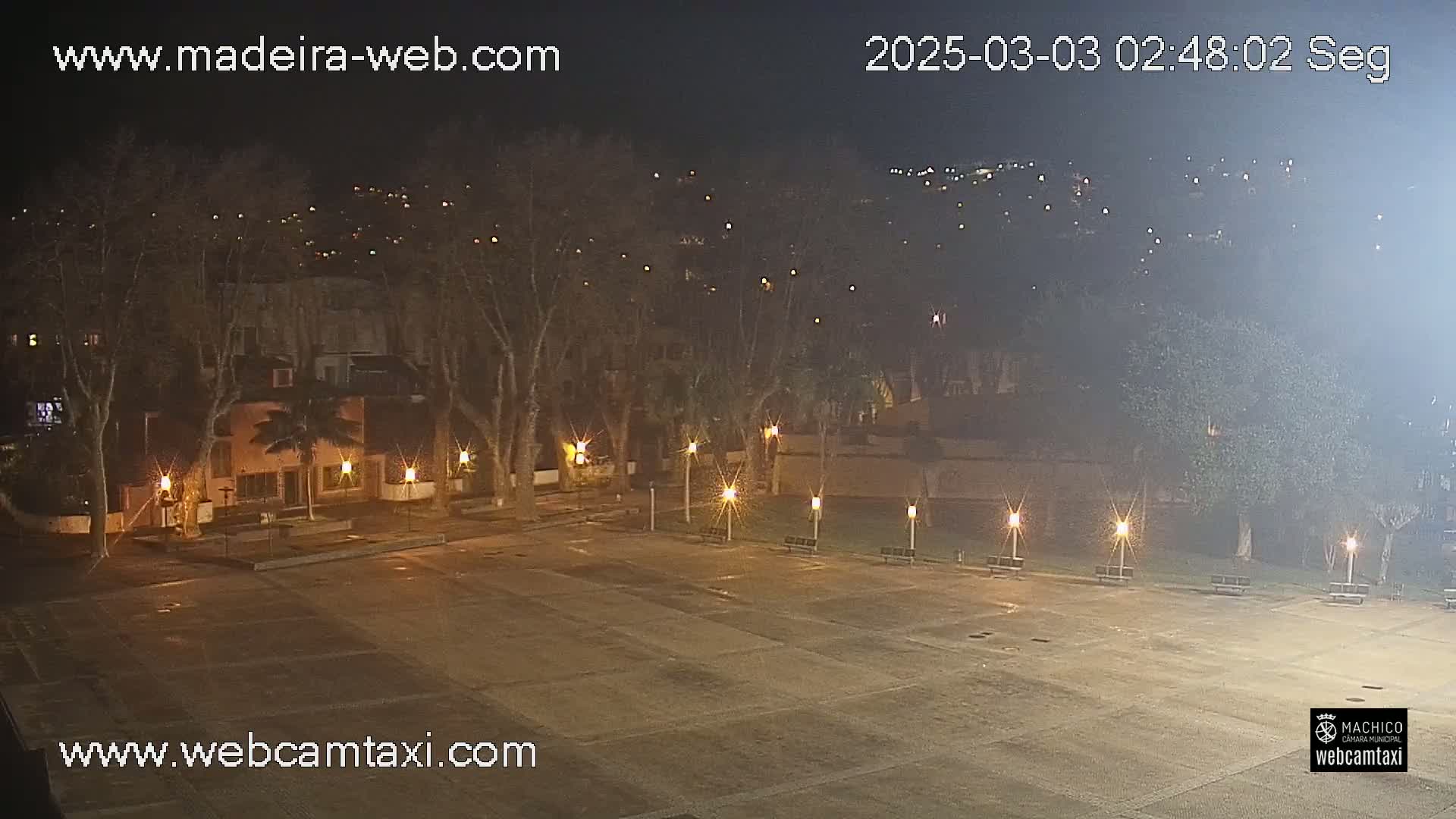 A nighttime view of an empty plaza with lamp posts illuminating the area, surrounded by trees and buildings, under a hazy sky.