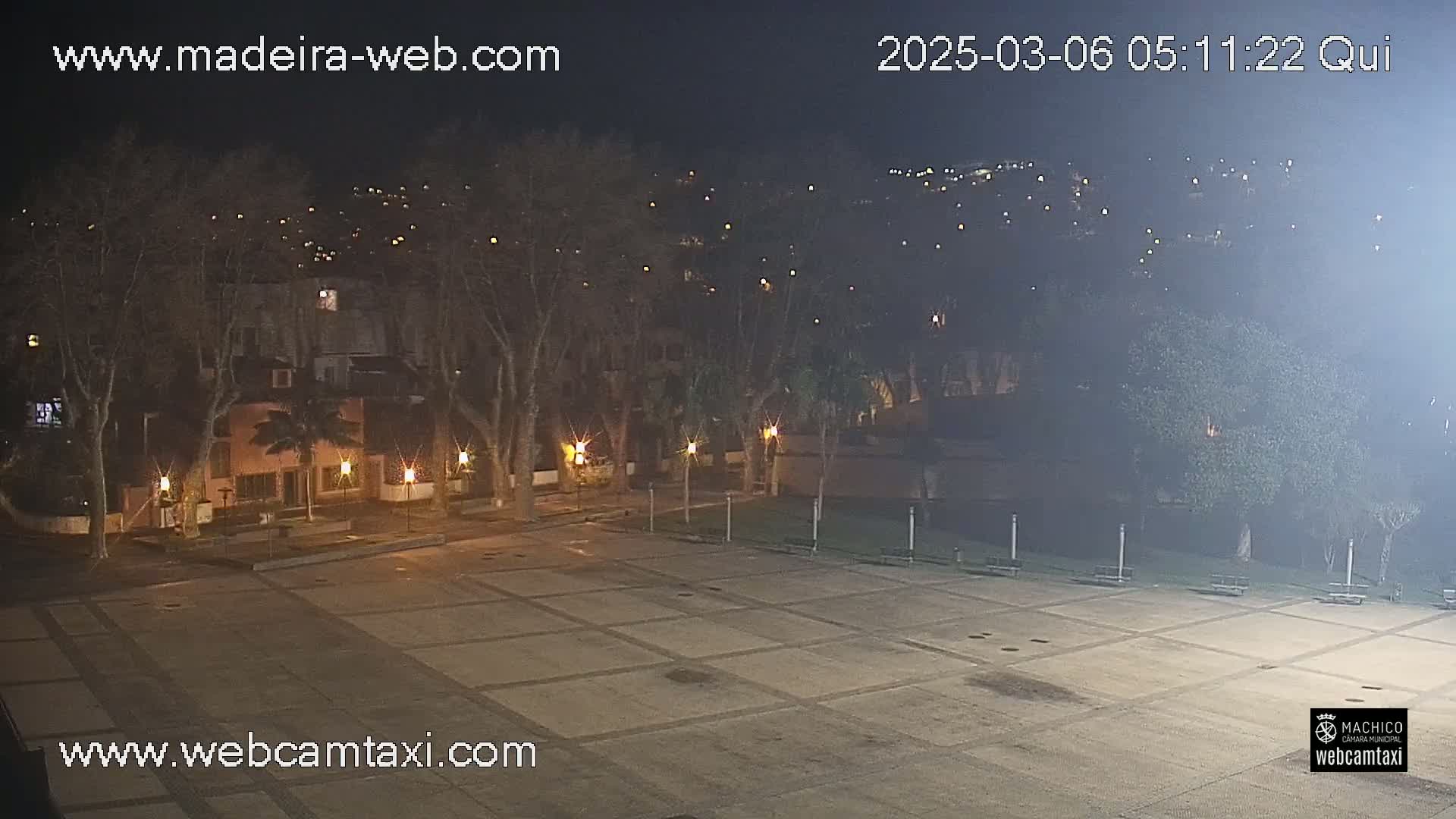 A nighttime view of a paved plaza, surrounded by trees and buildings with lights illuminating the scene under hazy conditions.