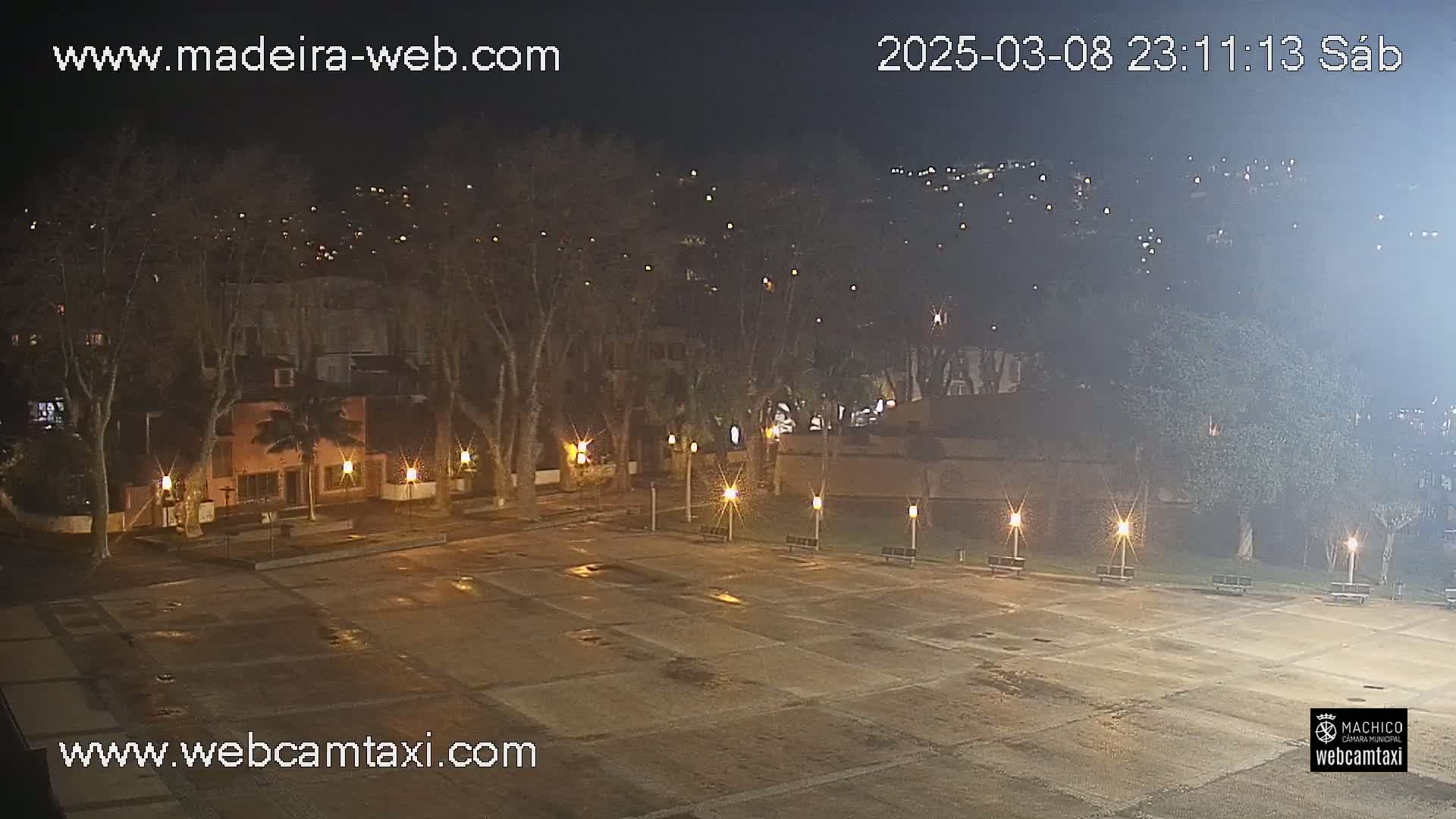A nighttime, wet, empty plaza is illuminated by lampposts, surrounded by trees and buildings with distant city lights visible in the background.