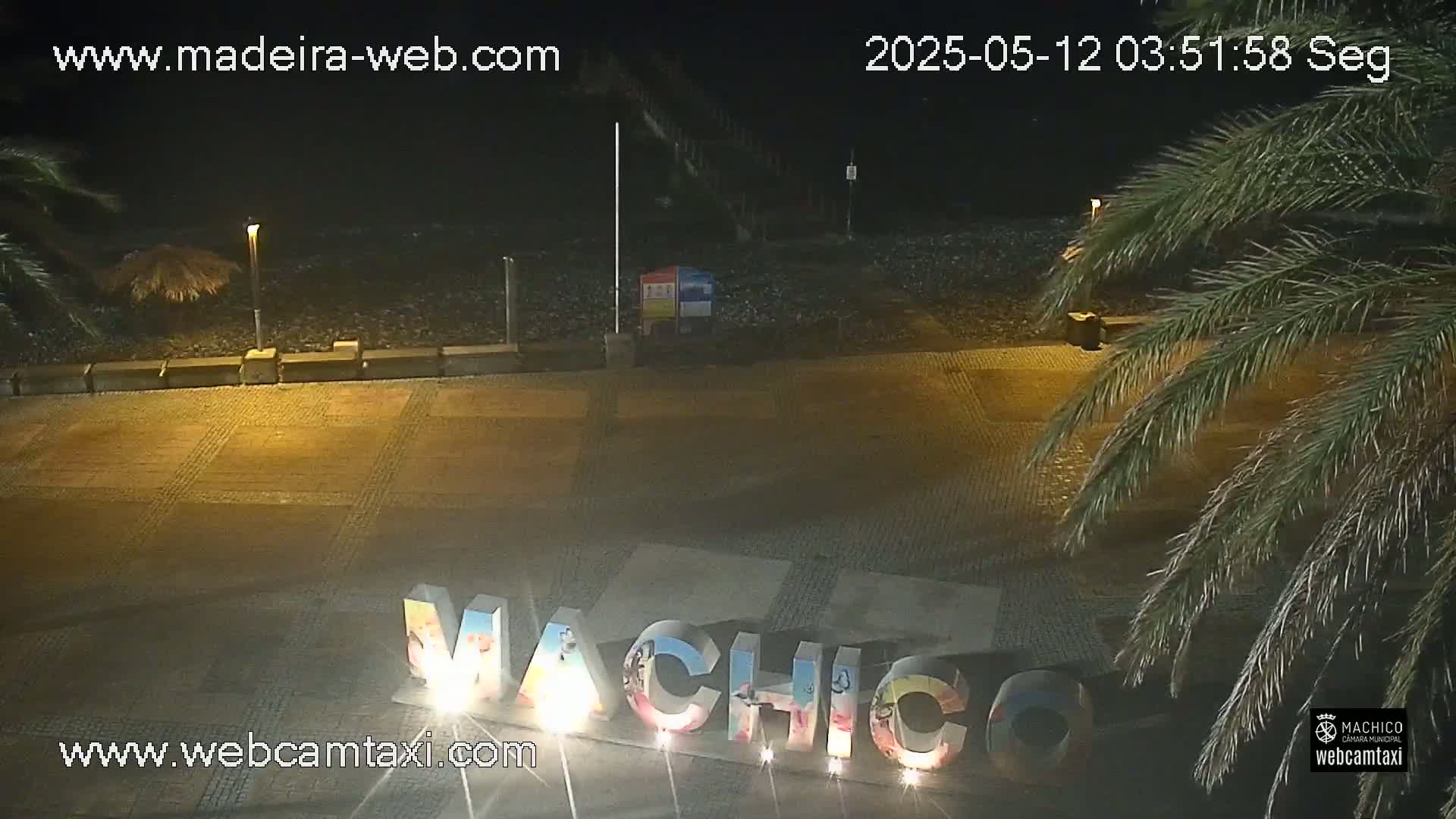 A nighttime, outdoor view shows illuminated lettering spelling out "Machico" on a paved area near palm trees and a beach.