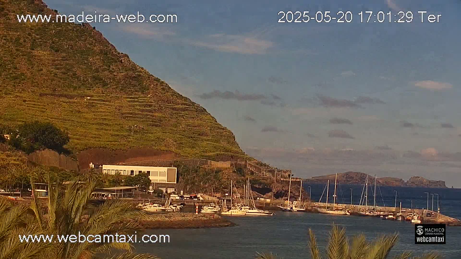 A partly cloudy afternoon reveals a harbor filled with sailboats nestled beside a terraced hillside under a mostly clear sky.