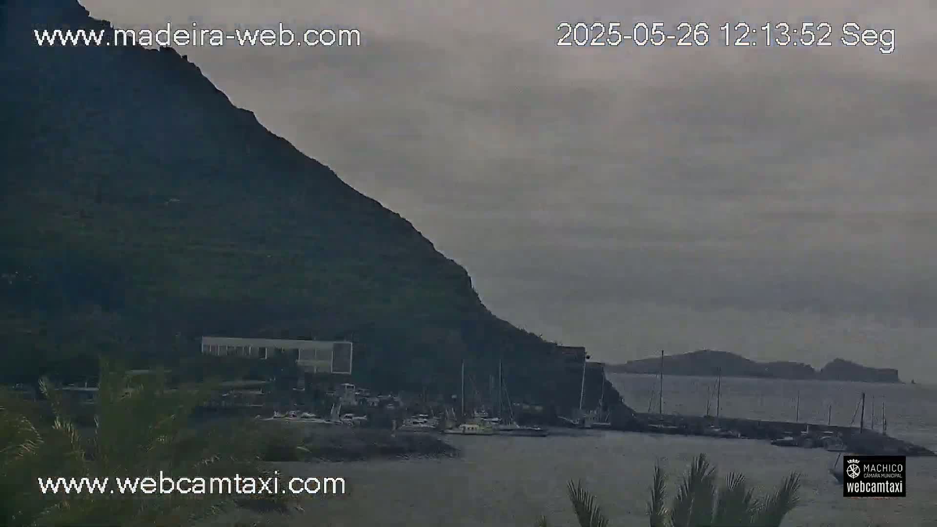 A harbor with boats is nestled beneath a dark, verdant mountain under an overcast sky.