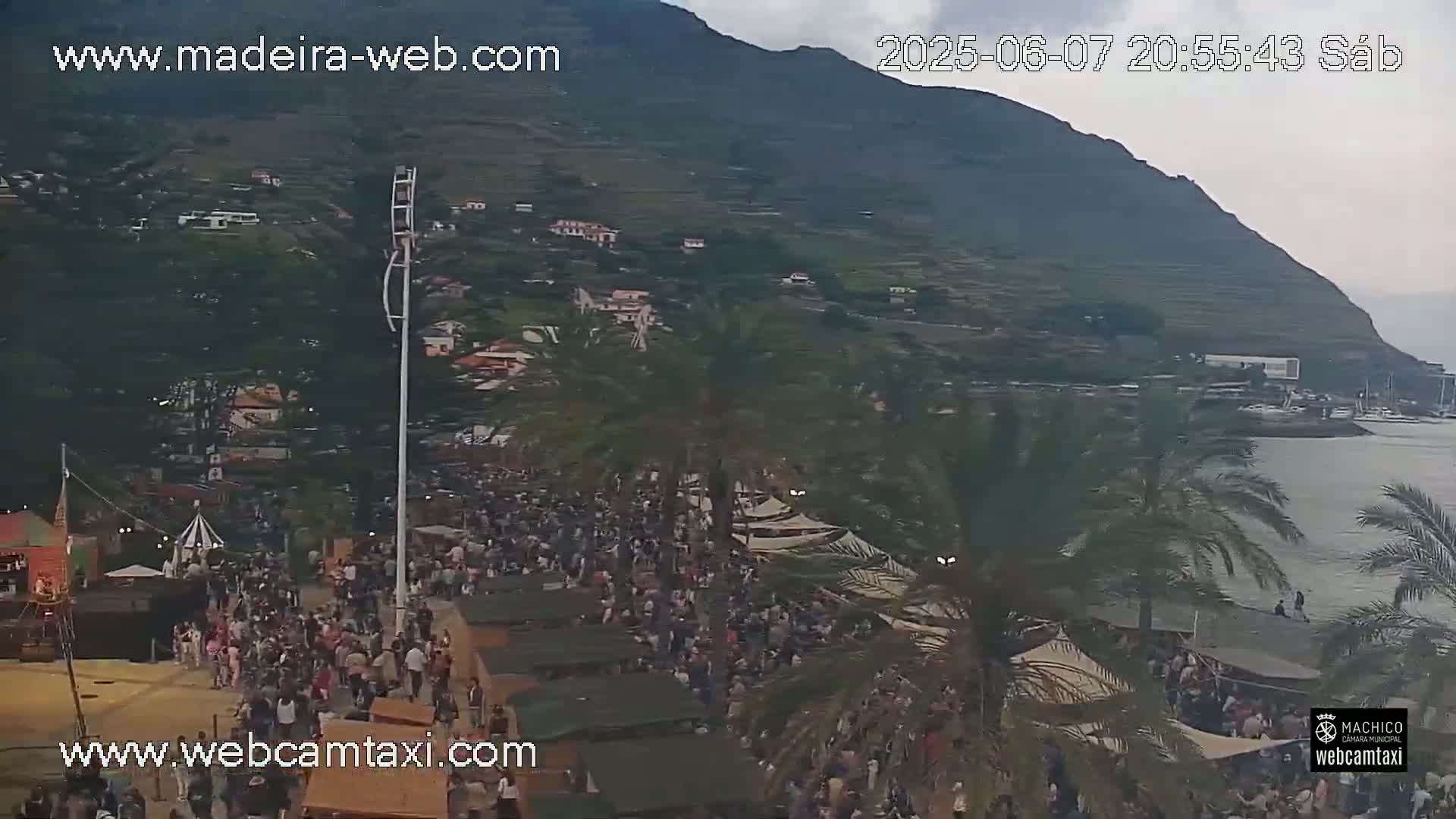 A large crowd of people gathers near a waterfront area in front of a hill under an overcast sky.