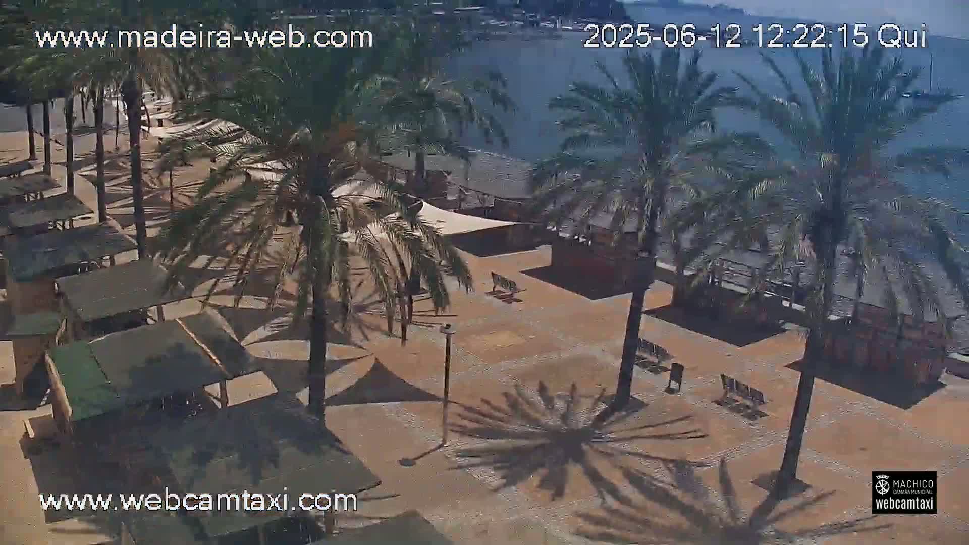 An aerial view of a beachside plaza with several palm trees, small structures, and benches on a sunny day.