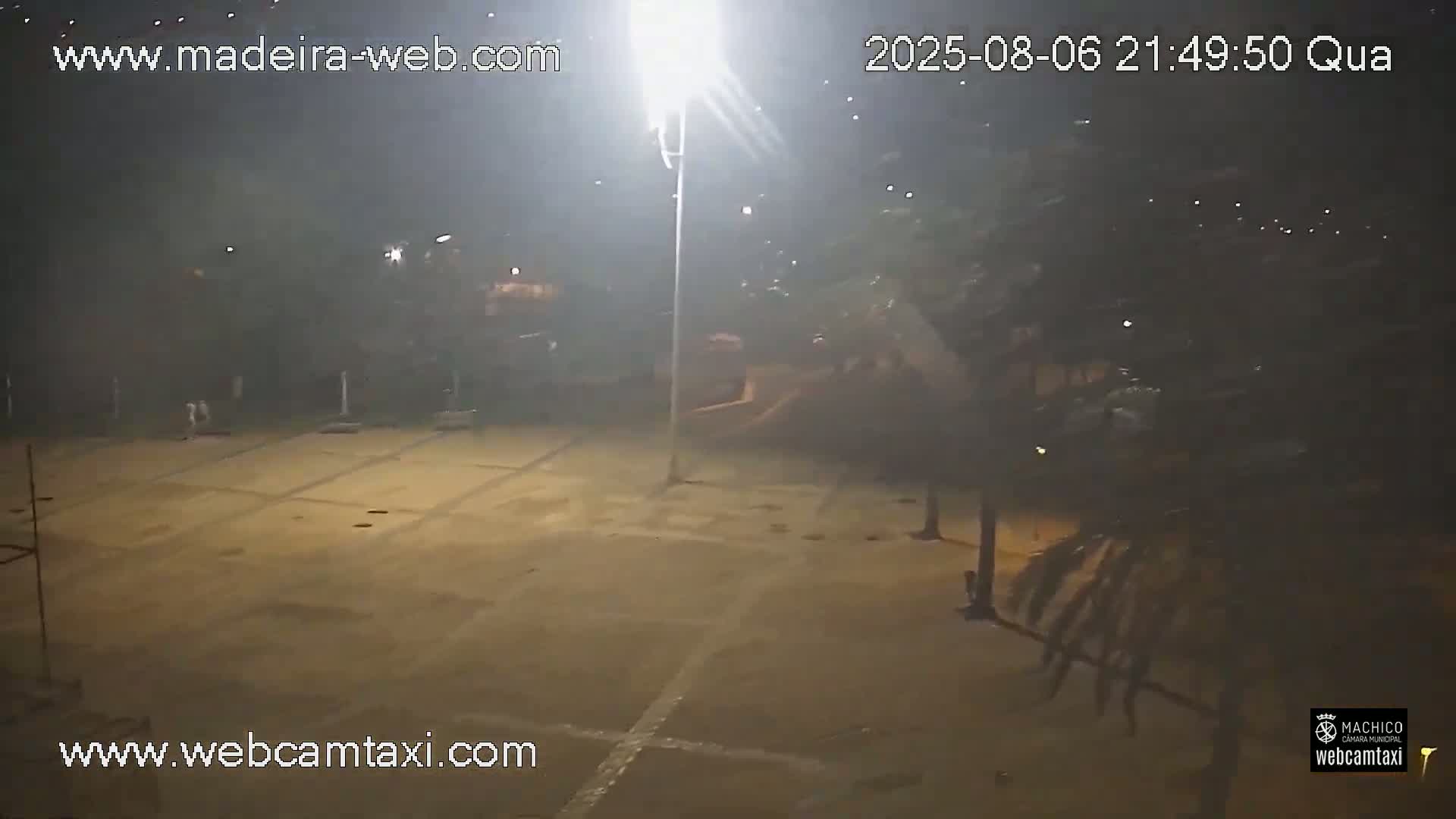 A nighttime, hazy outdoor scene shows a mostly empty paved area with sparse vegetation and a single tall light pole.