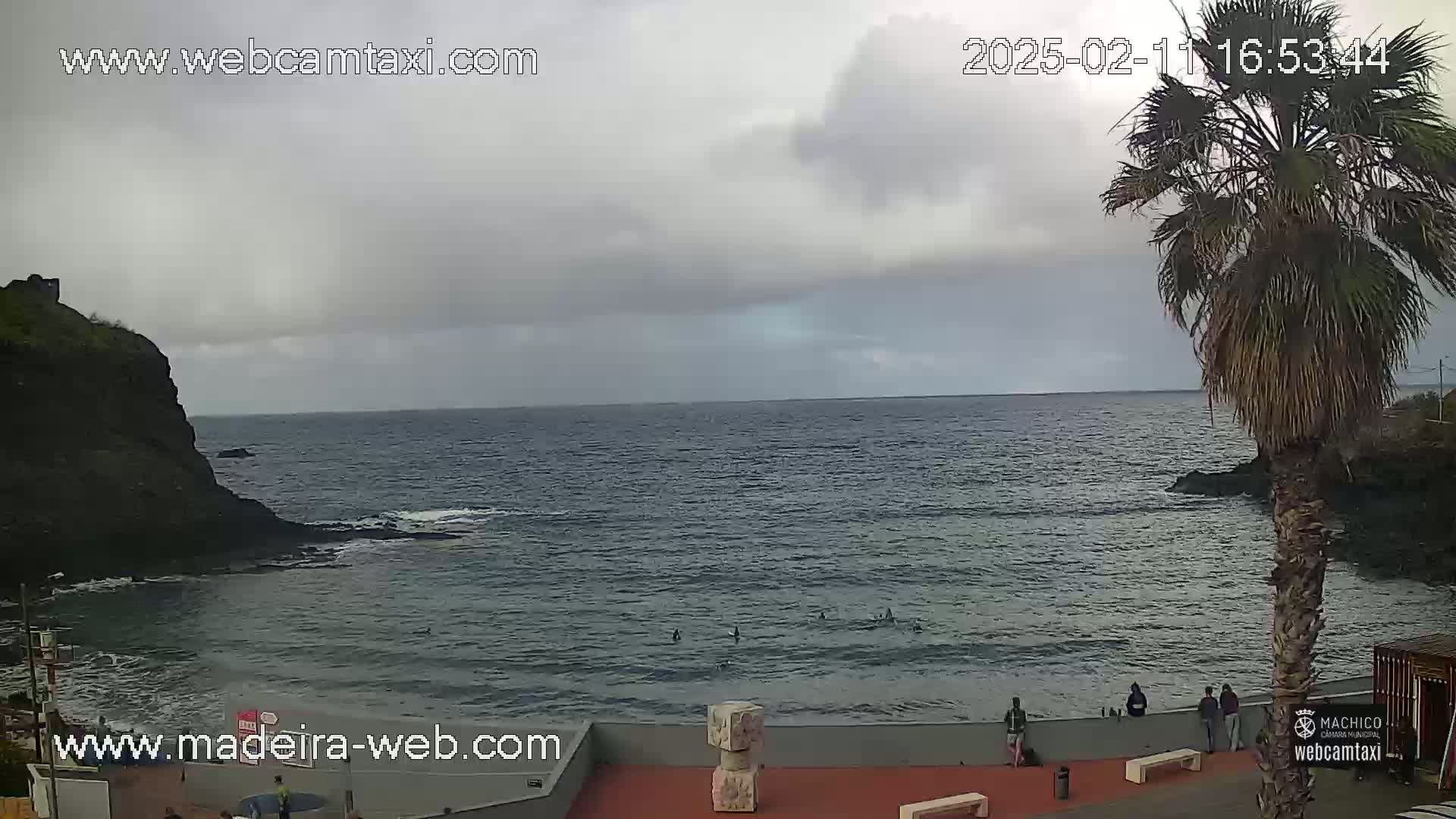 A mostly cloudy day shows a rocky cove with a calm ocean, a palm tree, and a few people on a paved area near the water.