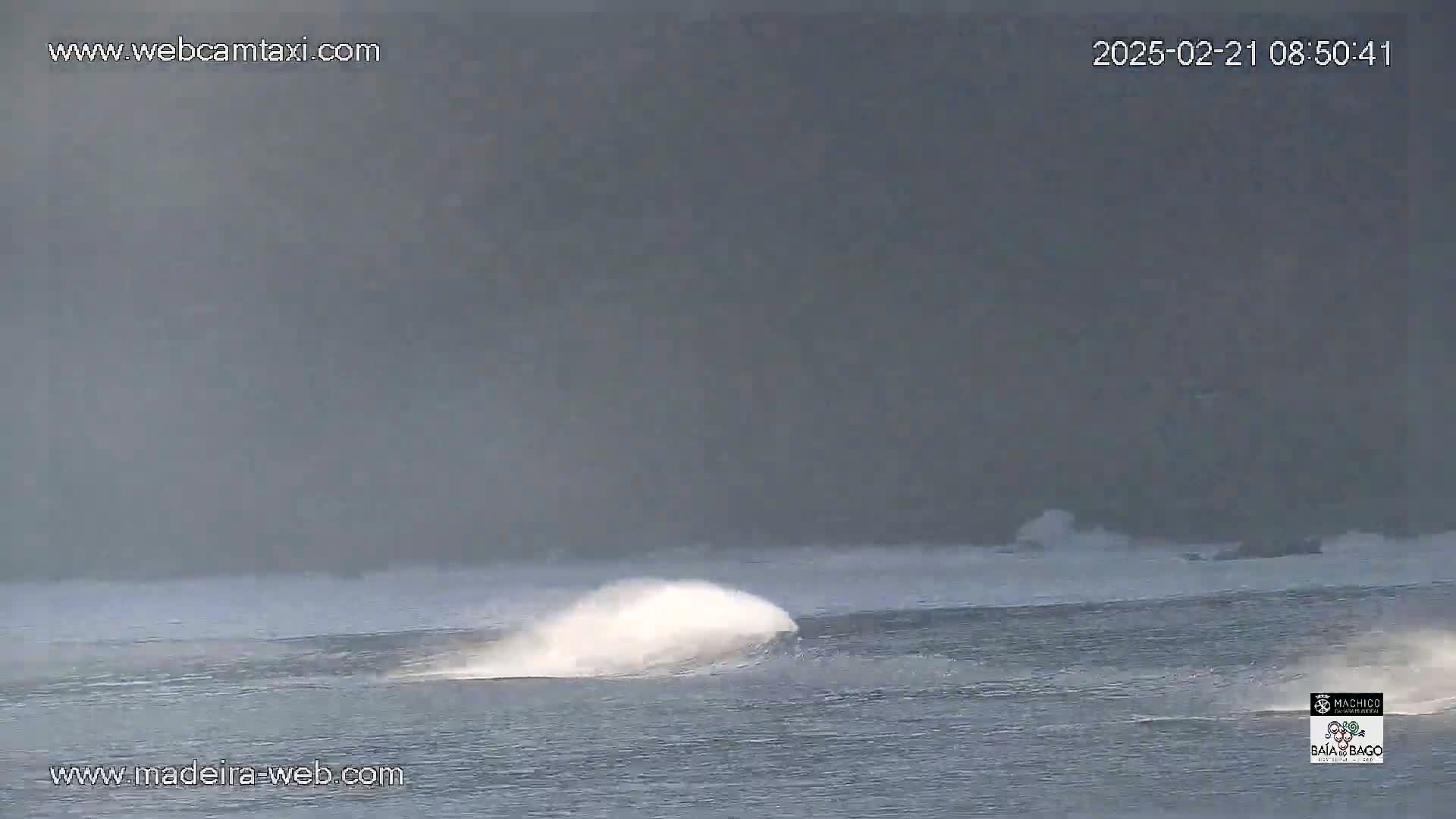 A personal watercraft creates a large spray of water as it travels across a dark, somewhat misty body of water.