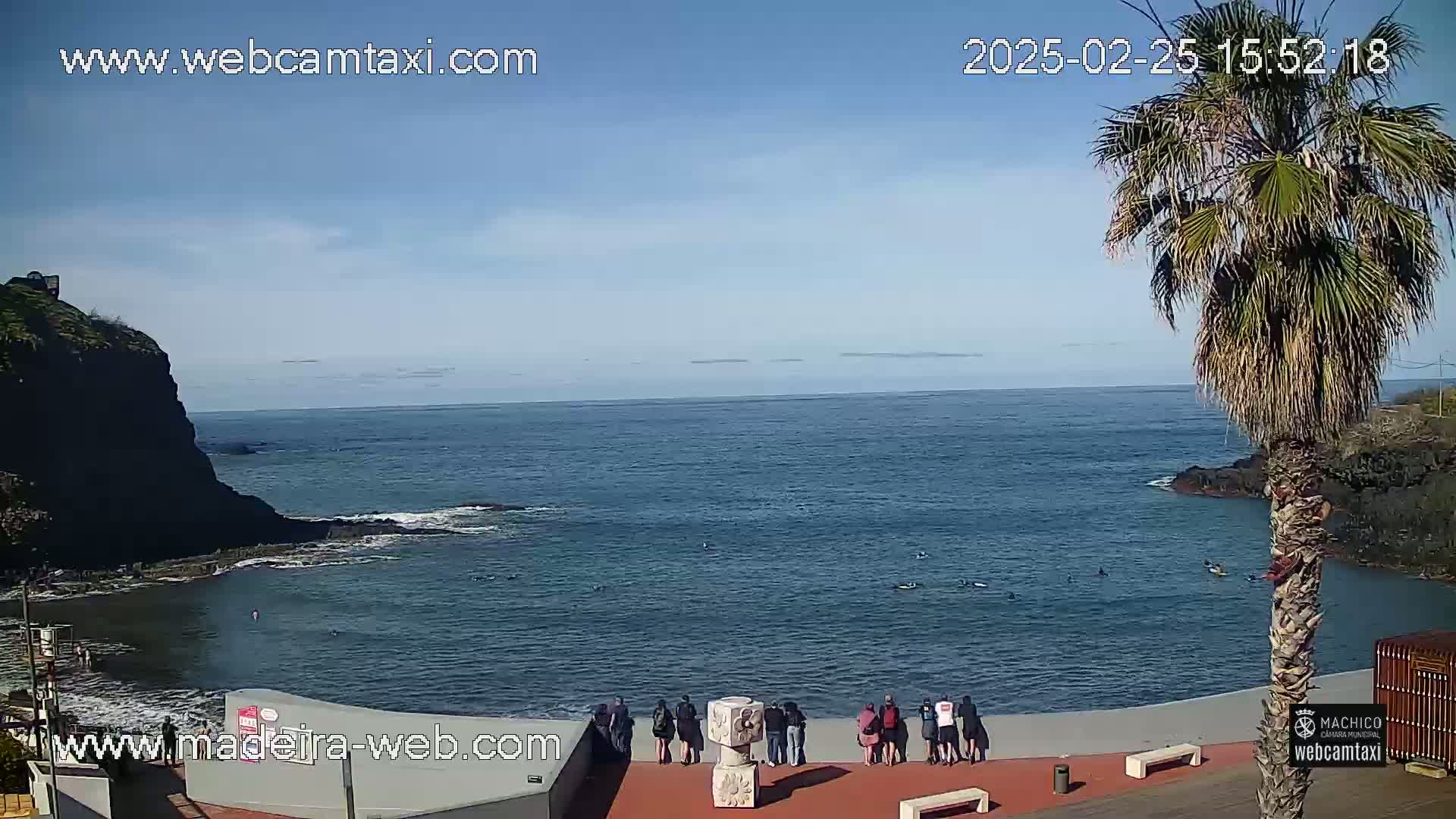 A calm ocean bay with a few people standing on a paved area next to a palm tree under a clear, sunny sky.