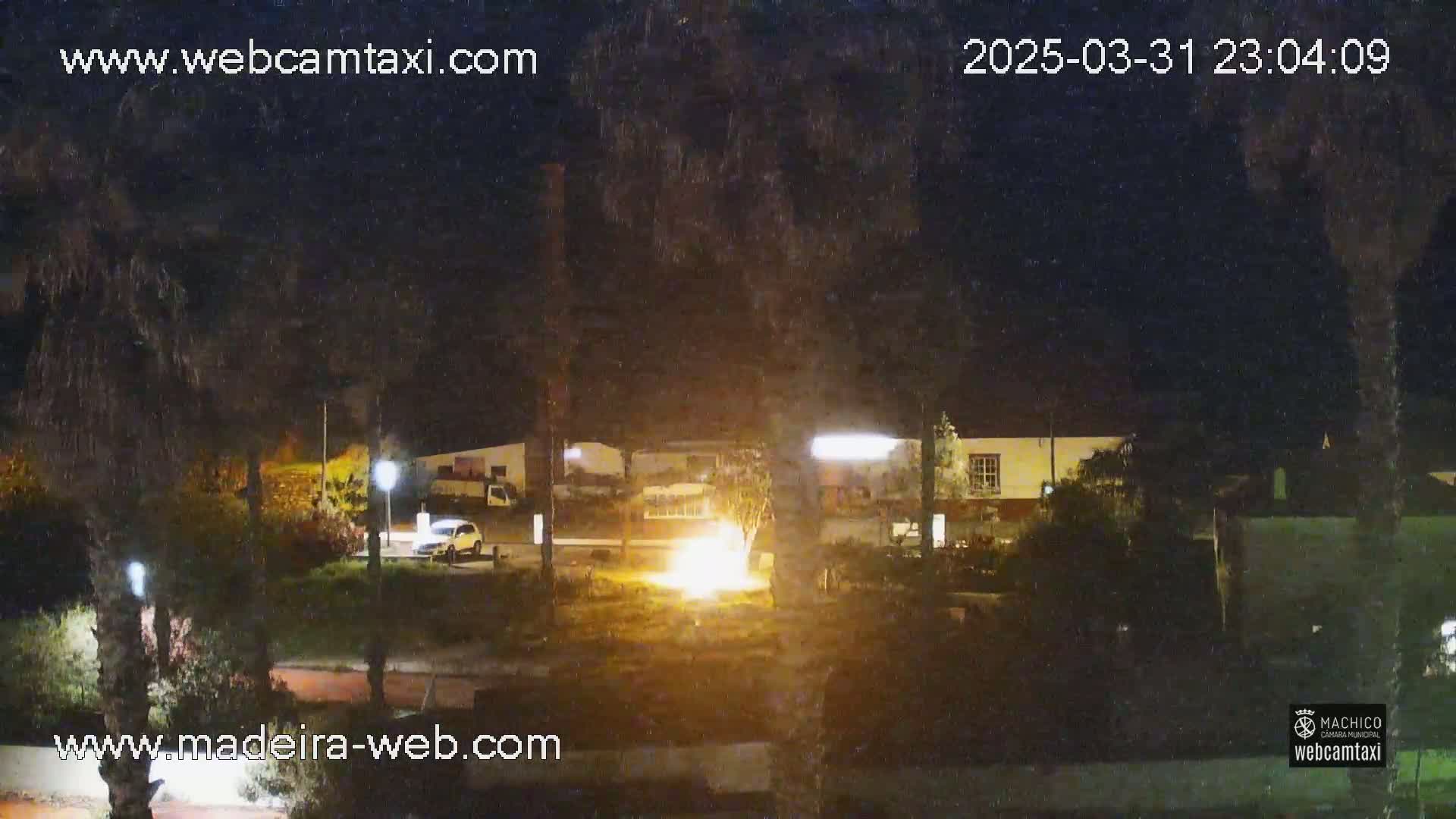 A nighttime scene shows a small fire burning in a grassy area near a road with a few parked cars, under a dark sky.