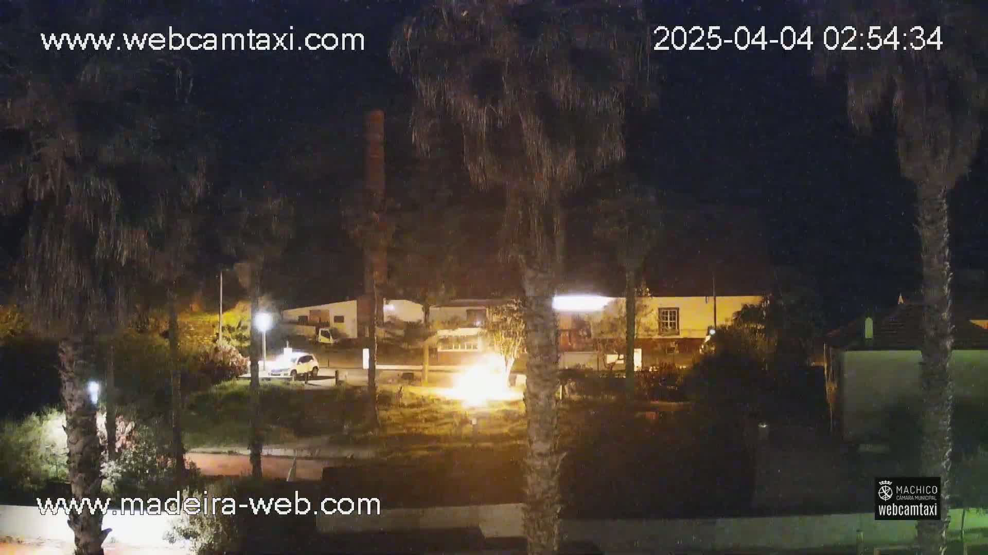 A nighttime view shows a small fire burning in a grassy area between buildings, with palm trees and streetlights visible under a clear, dark sky.