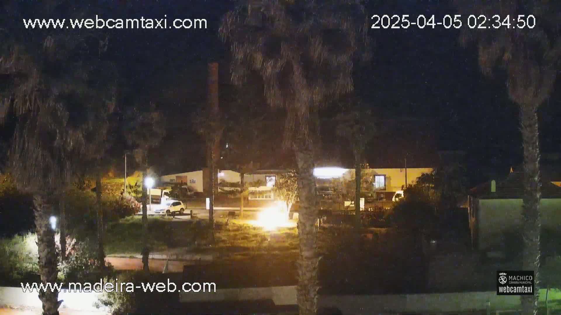 A nighttime view of a small town square with palm trees, a few cars, and a bright light emanating from the center of the square.