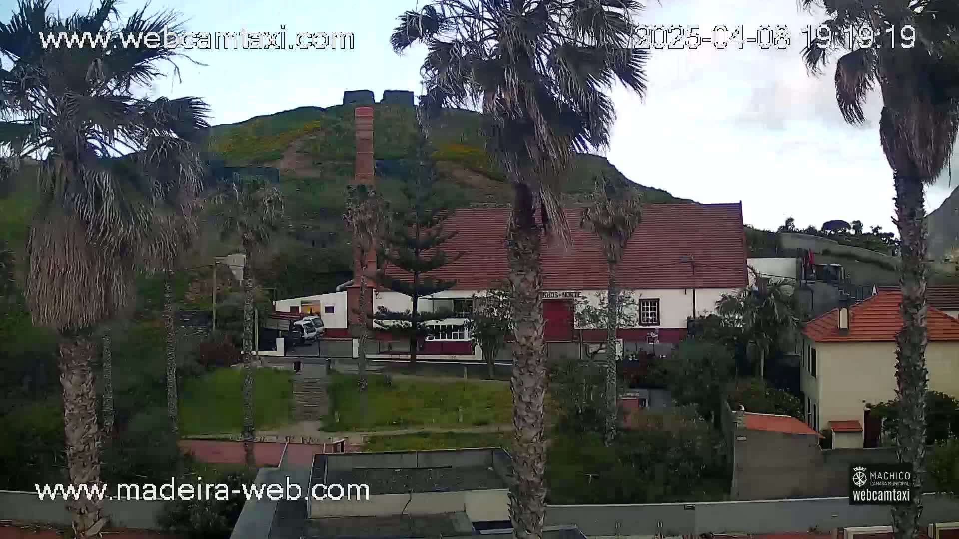 A partly cloudy day reveals a seaside town nestled below a hill, with palm trees swaying in the breeze, and buildings with red-tiled roofs.