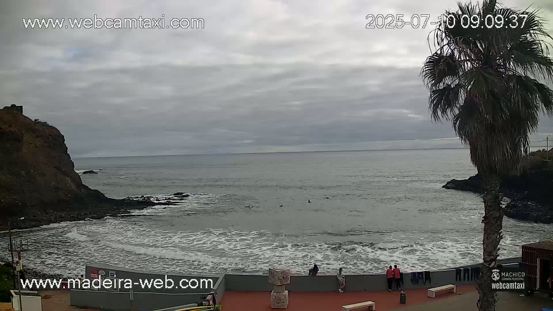 A rocky coast with a calm, gray ocean under an overcast sky, featuring a palm tree and a few people standing near a wall.