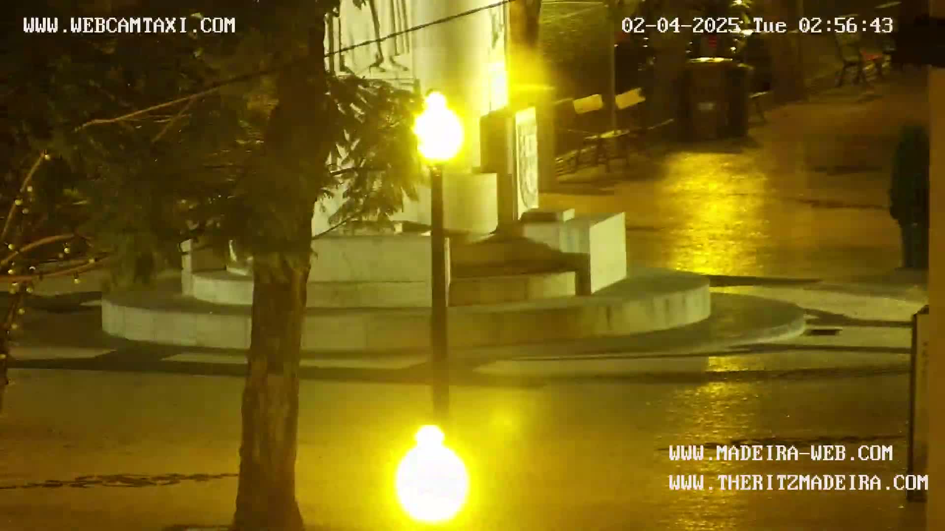 A nighttime, wet outdoor scene shows a light post illuminating a plaza with a low stone structure, and a tree to the left.