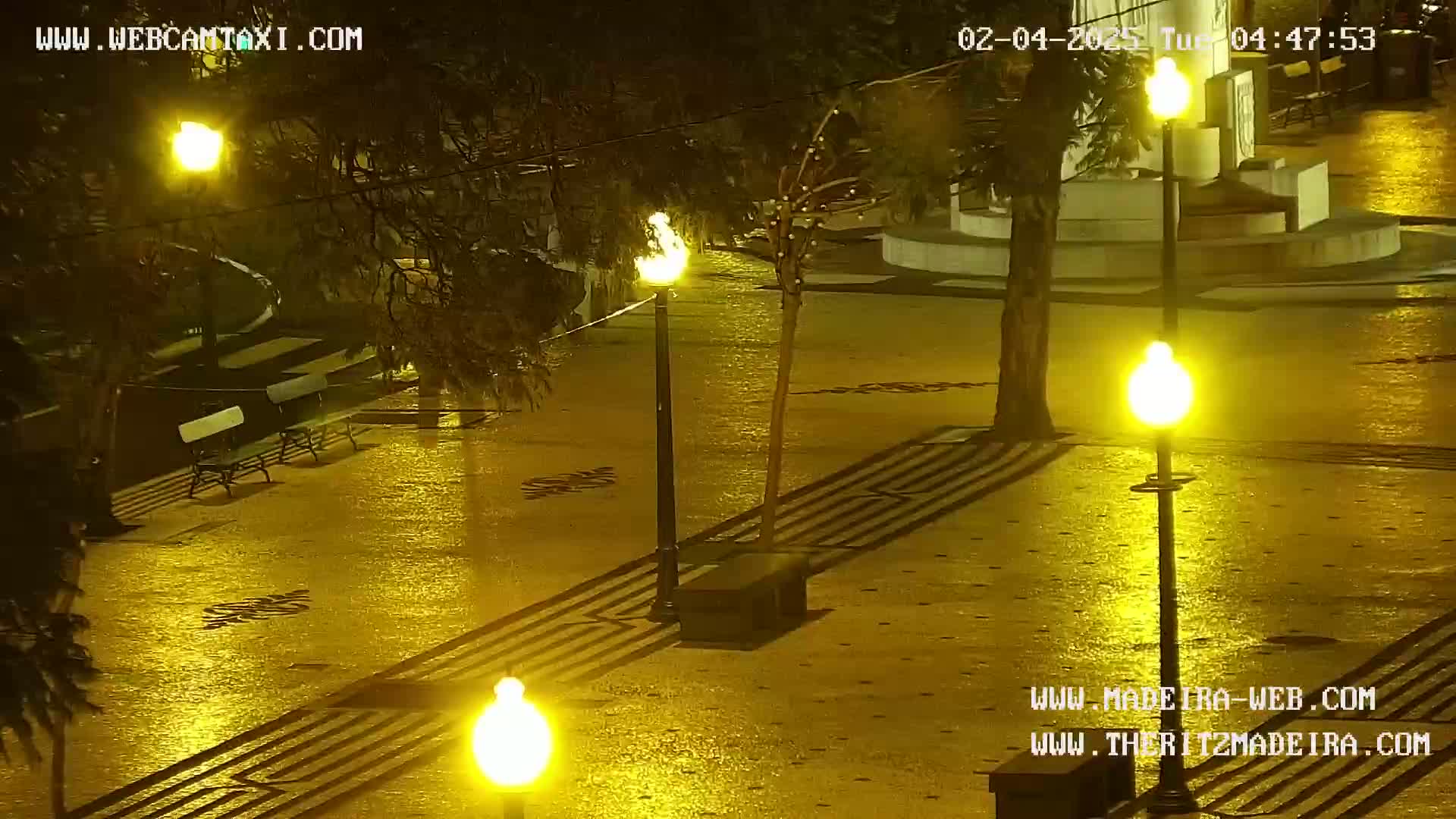 A wet, illuminated plaza at night features several benches and lampposts casting shadows on a patterned stone pavement.