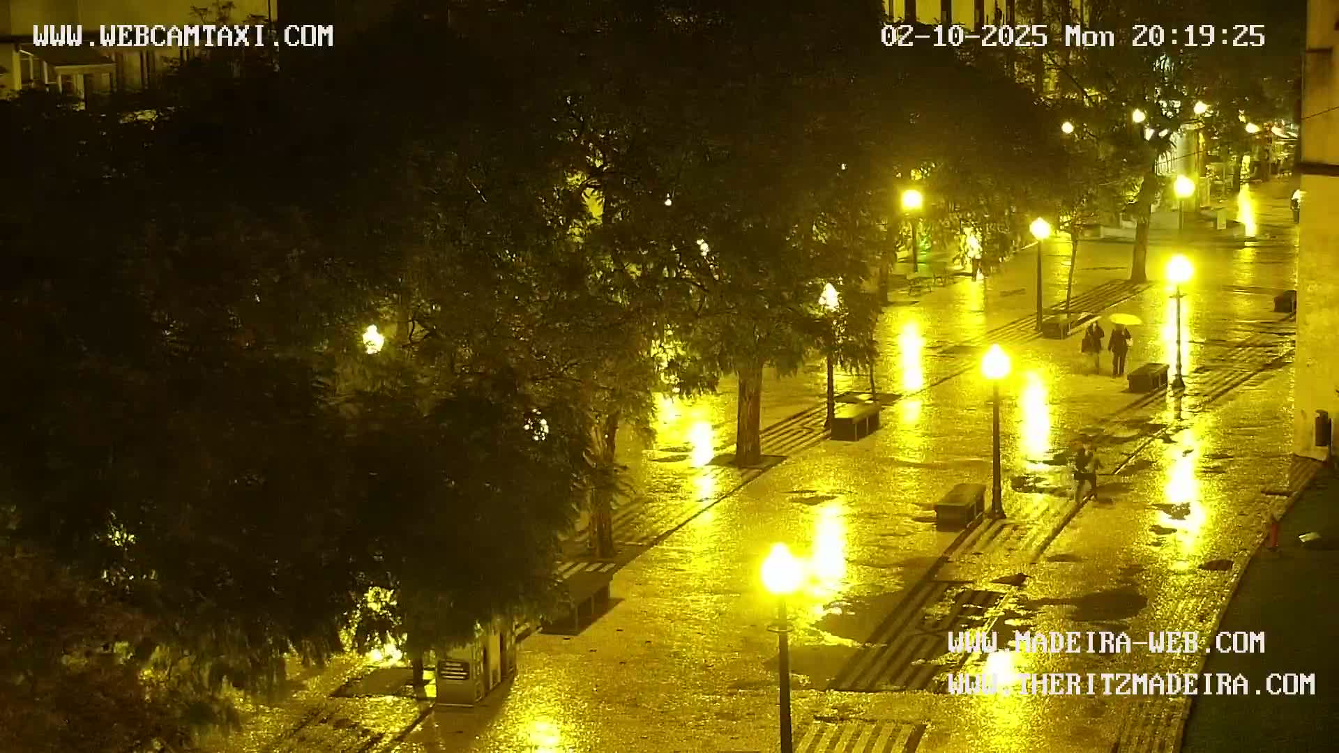 A rain-slicked, nighttime city street is illuminated by numerous streetlights, with a few pedestrians visible under the yellow glow.