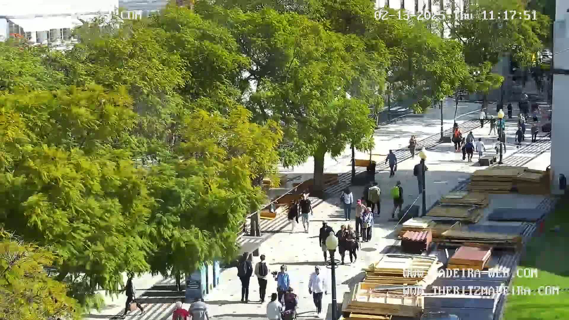 An aerial view shows a paved walkway lined with benches and trees, with numerous people walking amongst construction materials on a sunny day.