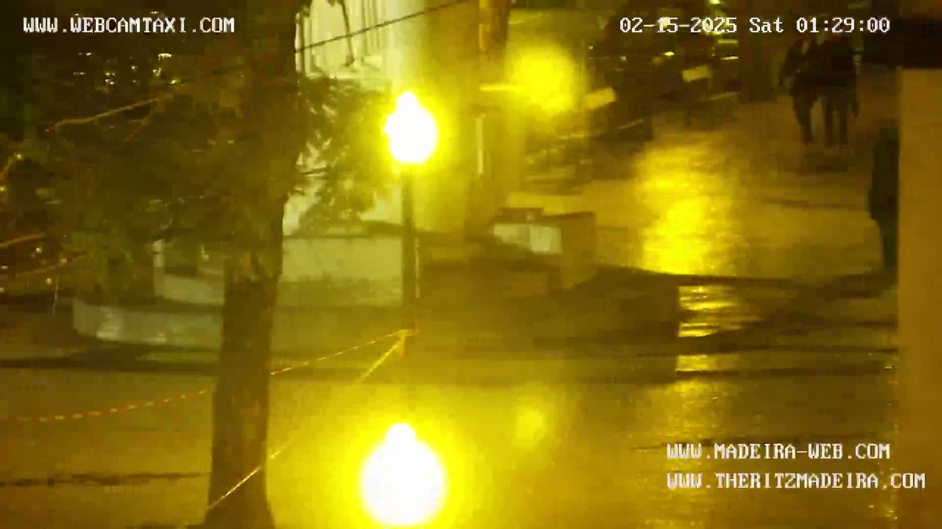 A rain-soaked street at night is illuminated by bright streetlights, with blurred figures visible in the distance.