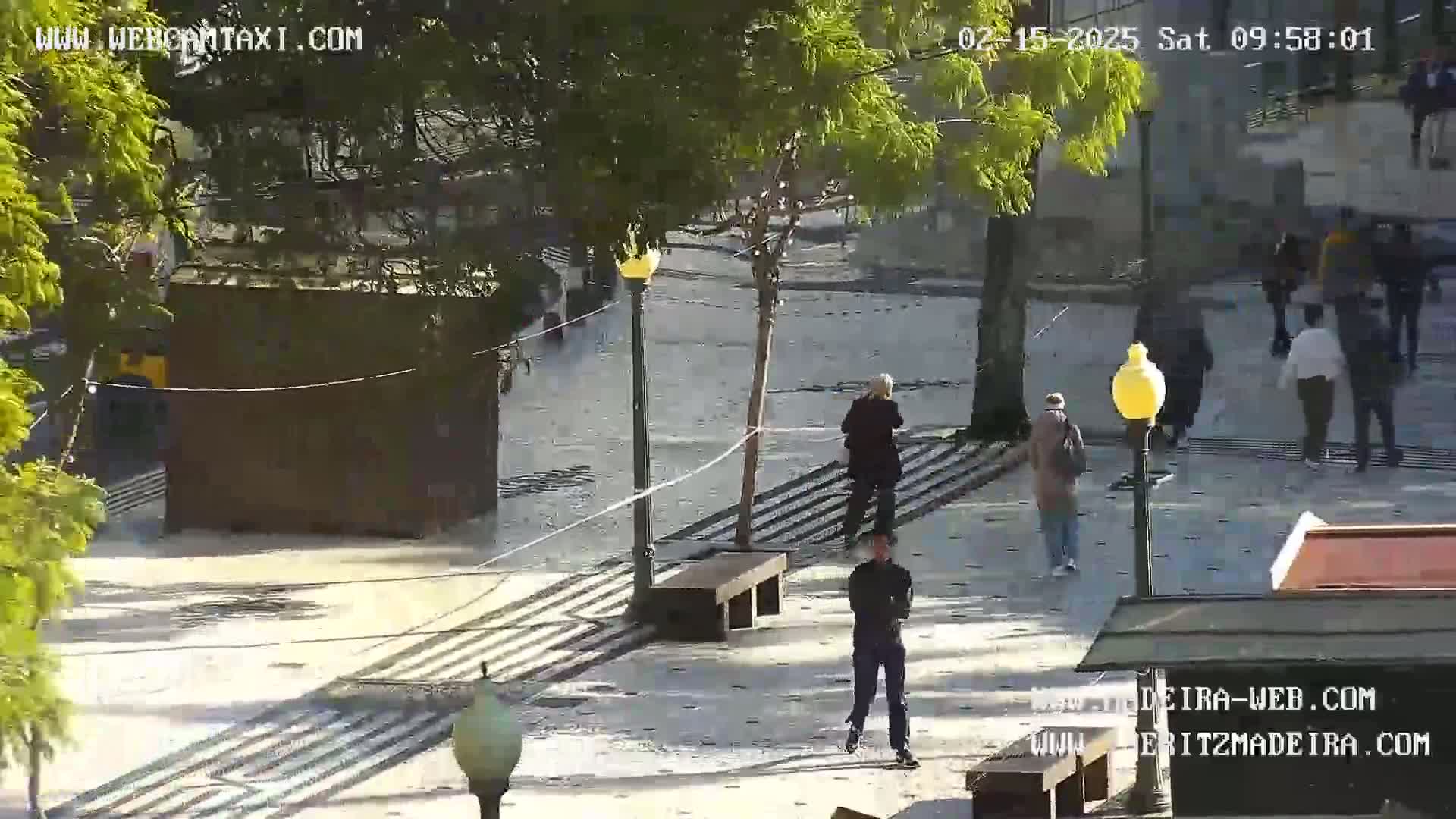 A paved outdoor plaza with several people walking, some trees, and benches, on a sunny day.