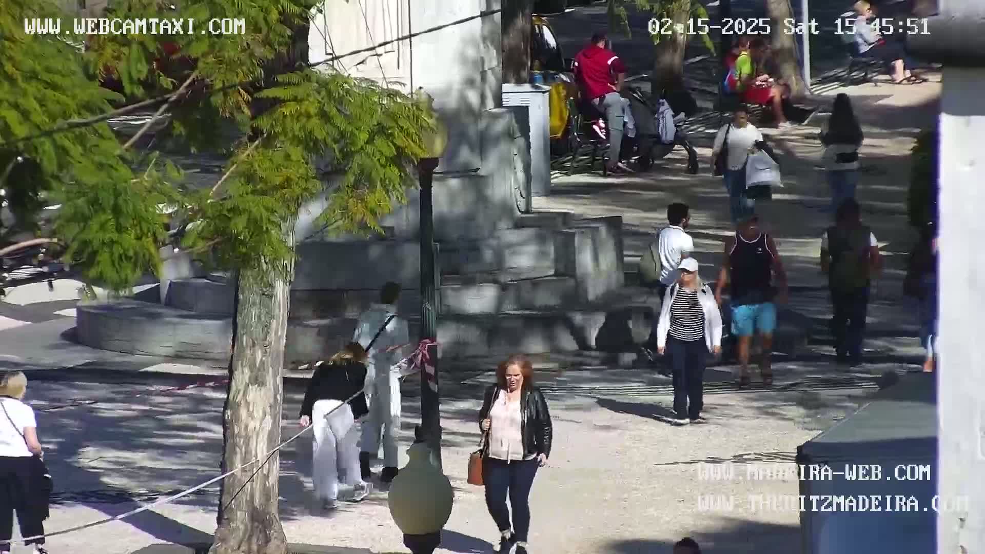 A sunny outdoor scene shows several people walking on a paved area near a stone structure and lush green trees.