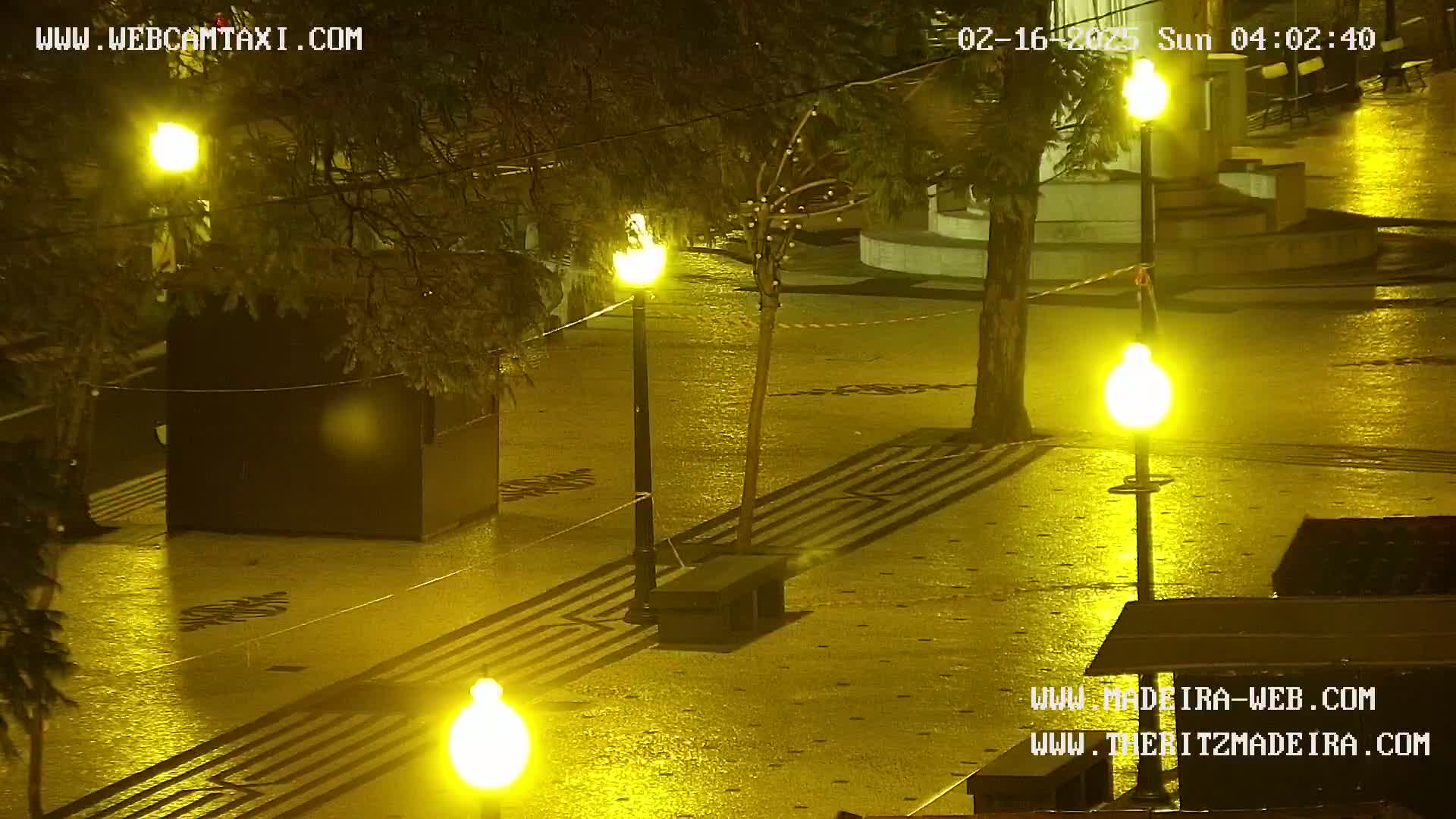 A wet, nighttime plaza is illuminated by several bright yellow street lamps, casting light on a patterned pavement.