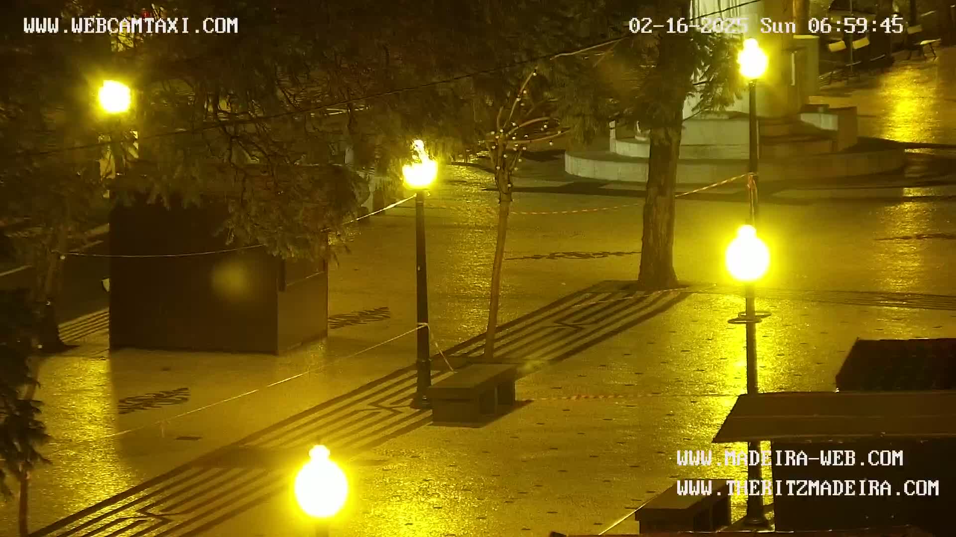 A wet, nighttime paved plaza is illuminated by several bright yellow streetlights, with a small tree and a dark, square structure in the center.