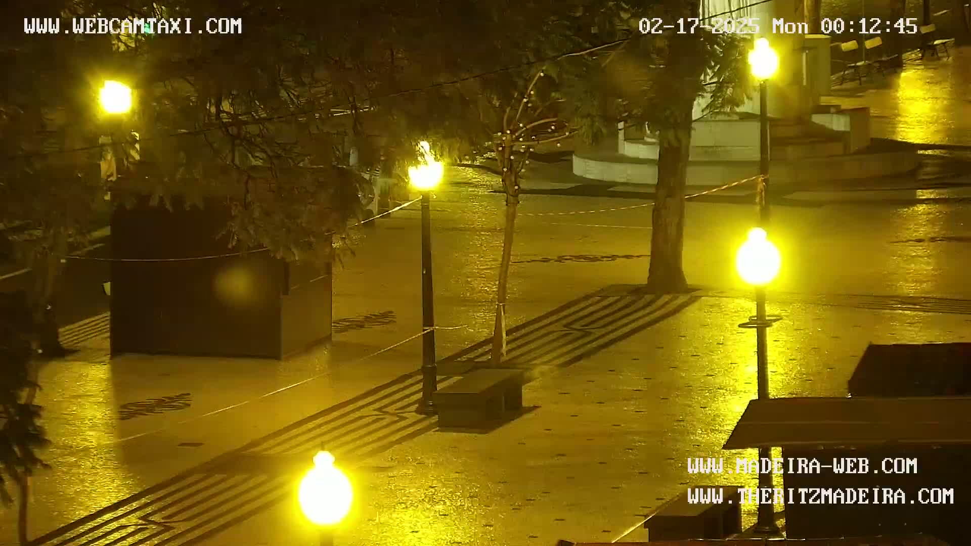 A wet, paved plaza at night is illuminated by several bright yellow streetlights, casting reflections on the ground.
